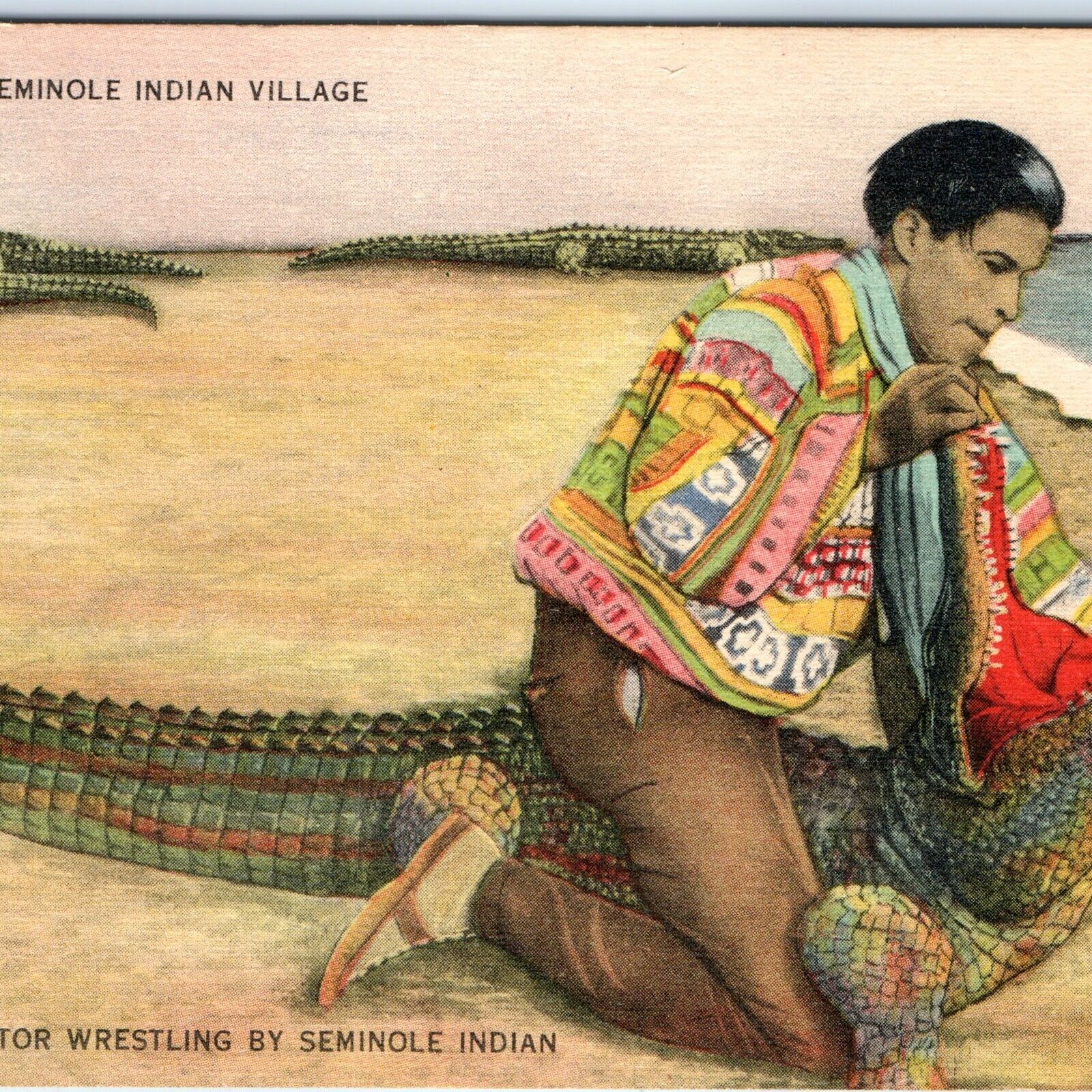 c1940s Miami Musa Isle Seminole Indian Village Alligator Wrestling Postcard A117