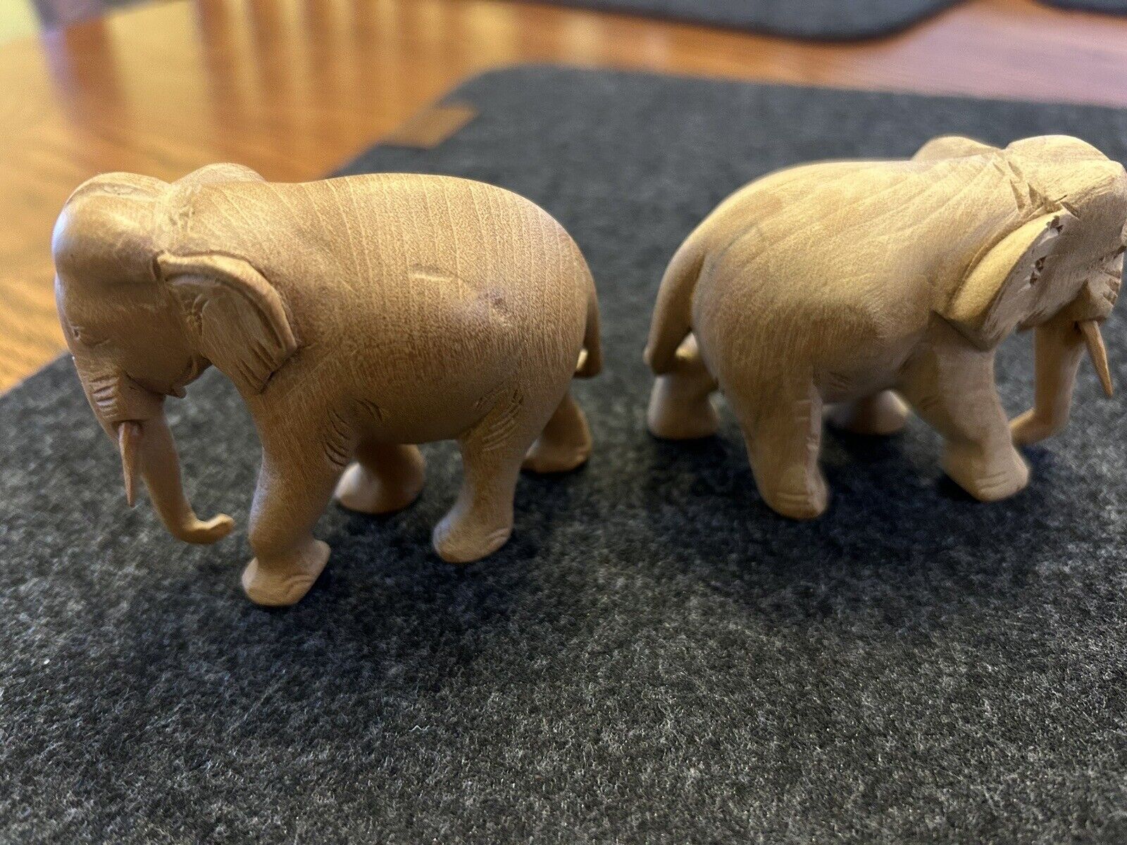 Set Of 2 Carved Elephants Made From Teak Wood