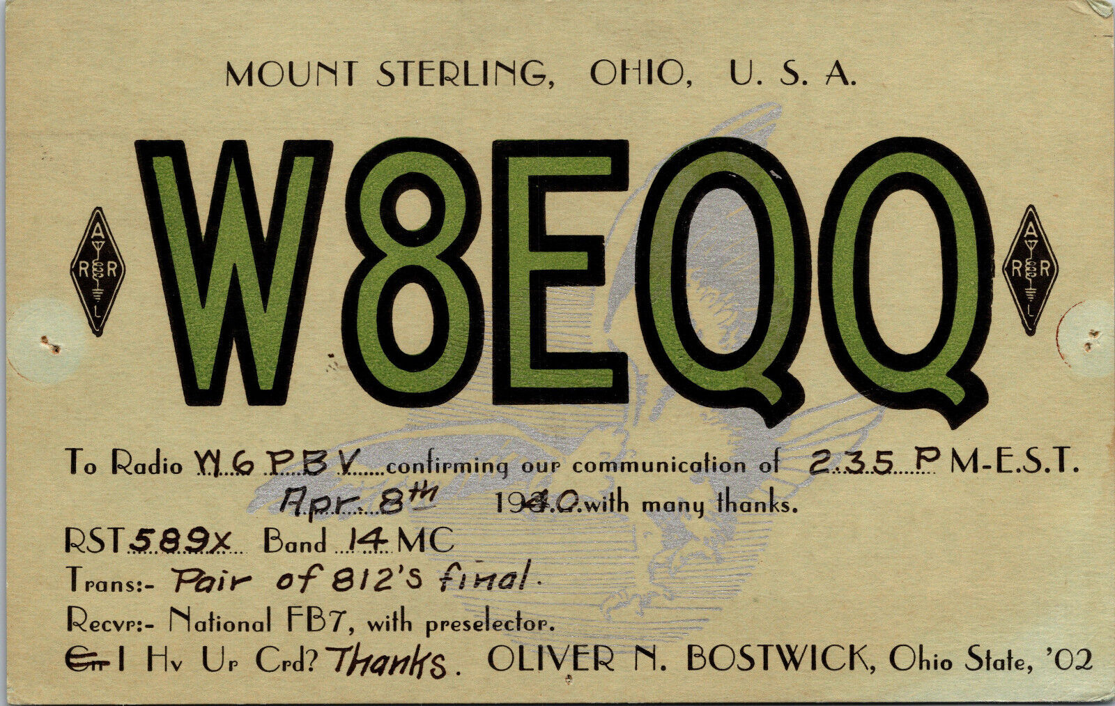 1940 W8EQQ Mount Sterling Ohio Ham Radio Amateur QSL Card Postcard