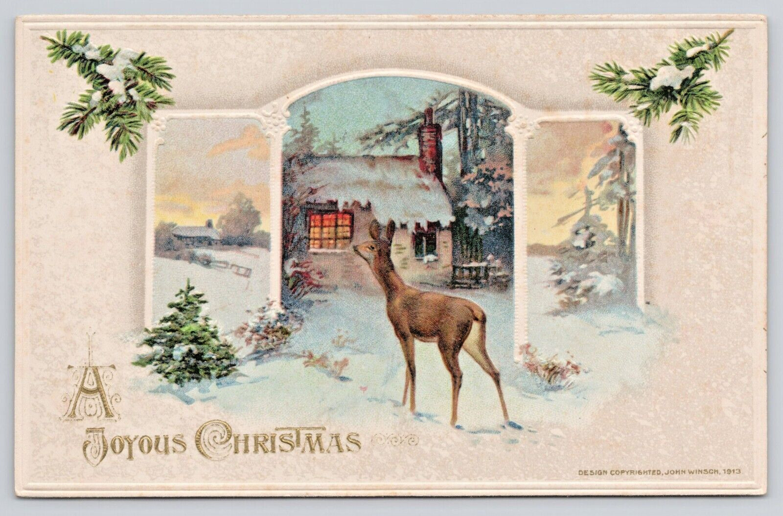 Postcard John Winsch A Joyous Christmas 1913 Embossed Deer Cottage Evergreens