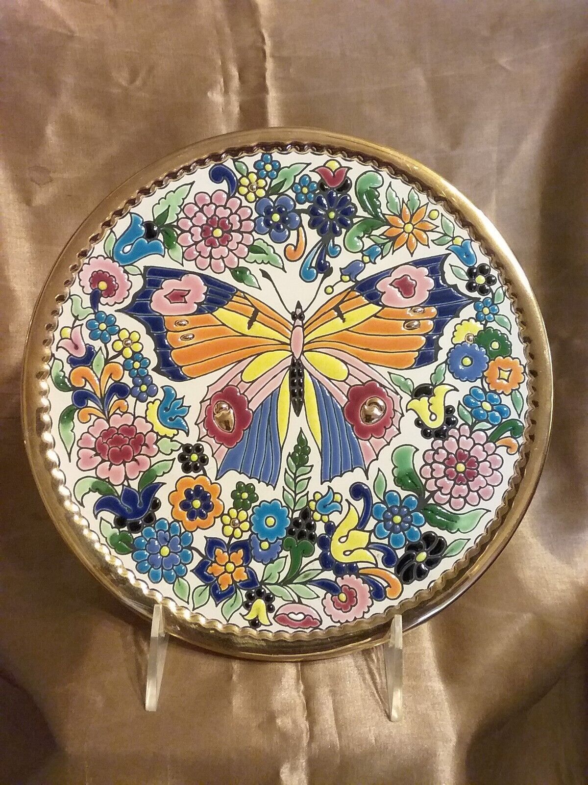 VTG CEARCO PINTADO A MANO  24K ENAMEL POTTERY BUTTERFLY WALL HANGING PLATE