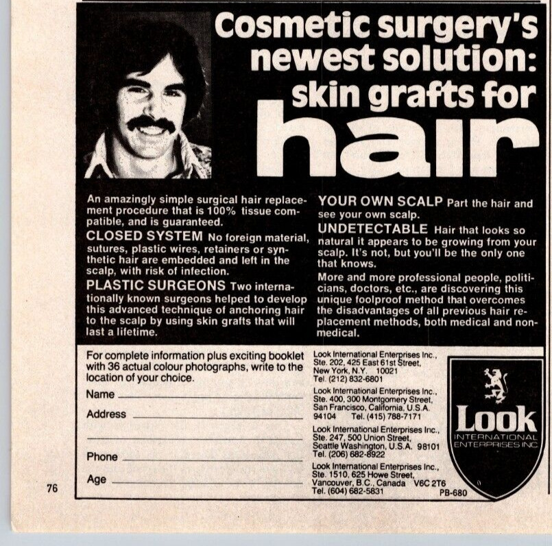 1980 Print Ad Look International Enterprises Cosmetic Surgery Skin Grafts Hair