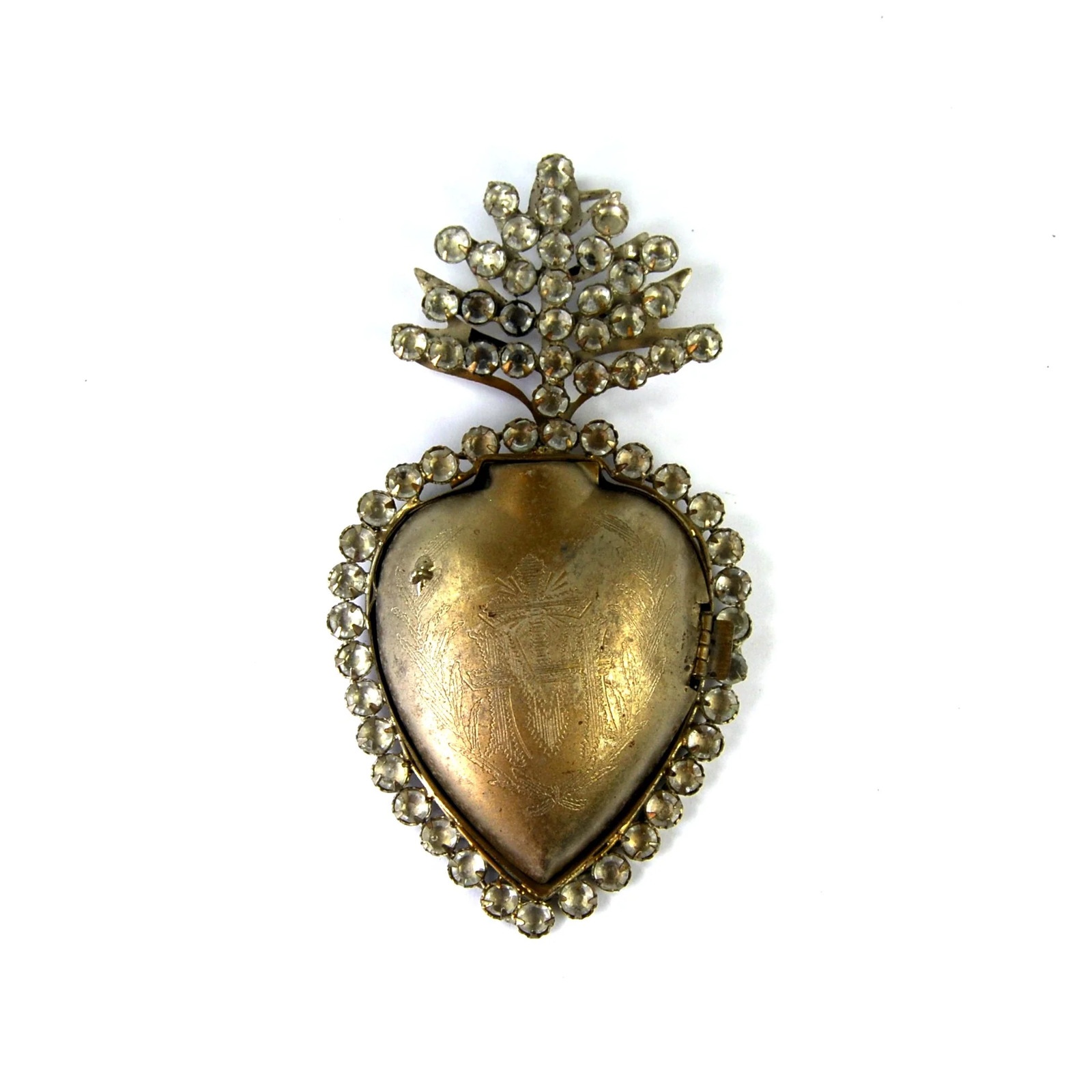 6in Rhinestone Sacred Heart Ex Voto Locket Ornament, Engraved Antiqued Silver Mi