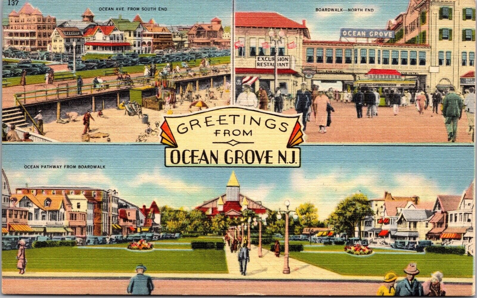 Linen Postcard Multiple Views Greetings From Ocean Grove, New Jersey