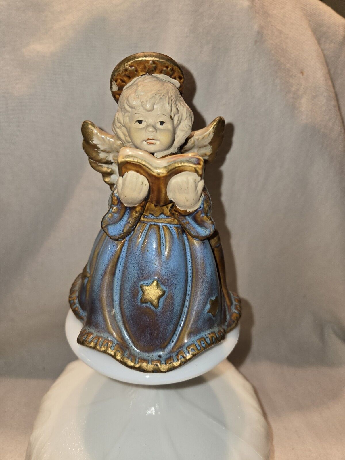 Vintage Christmas Bible Singing Angel Bell Glazed Ceramic