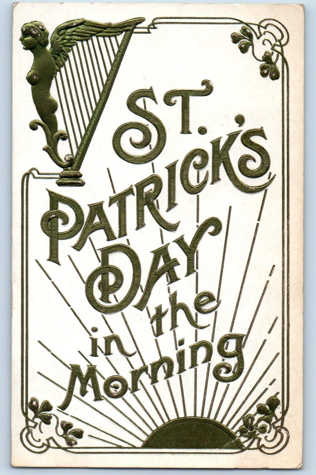 St. Patrick\'s Day Postcard Harp Shamrock Large Letters Embossed Rush City MN