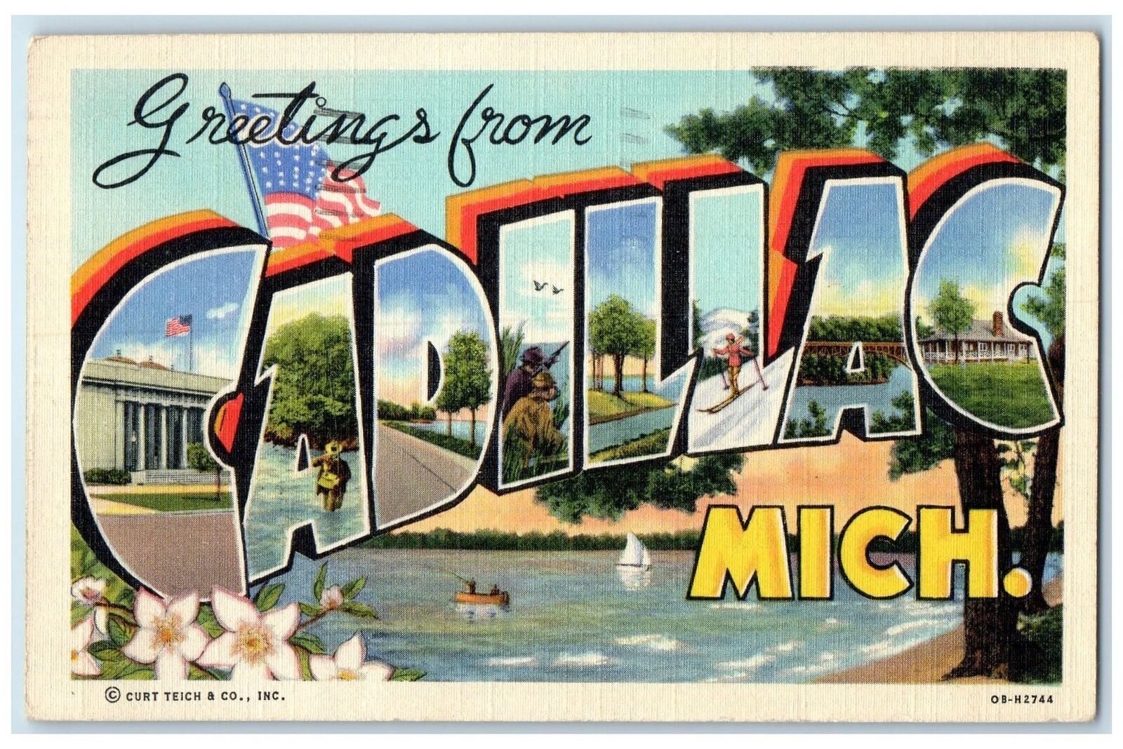 1949 Large Letter Greetings From Cadillac Michigan MI Posted Vintage Postcard