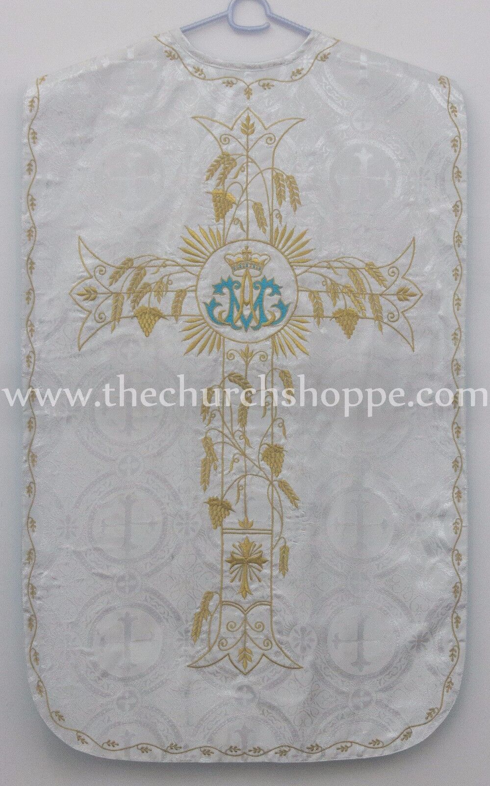 Silver Marian Blue Roman Chasuble Fiddleback Vestment 5pc mass set AM embroidery