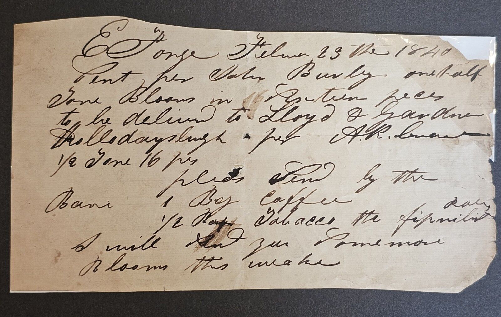 1840 Hollidaysburgh PA Order For Iron Coffee Tobacco