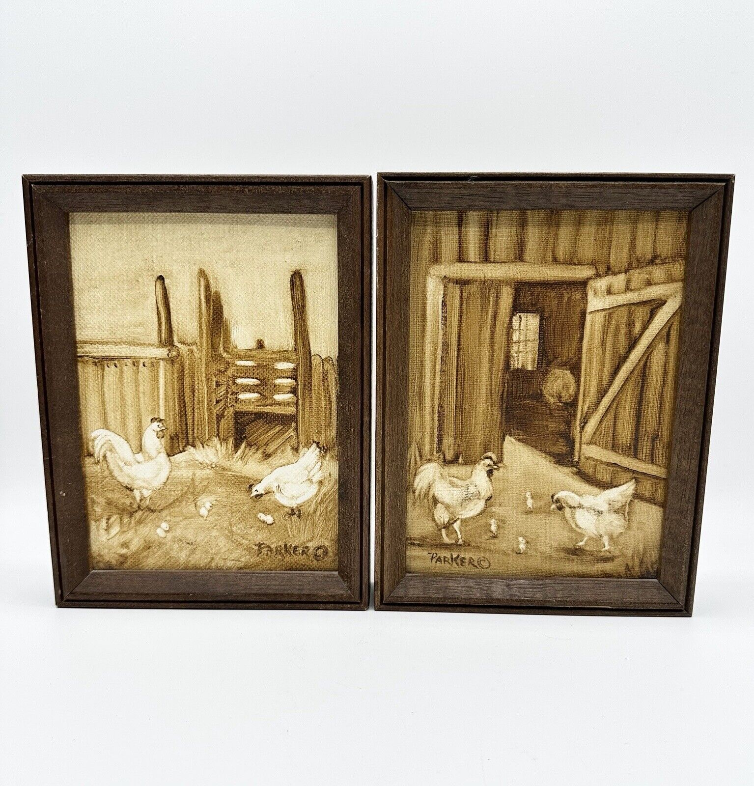 Framed Chicken Coop Chicks Paintings Country Decor Pair 8”x6” Sepia Signed Barn