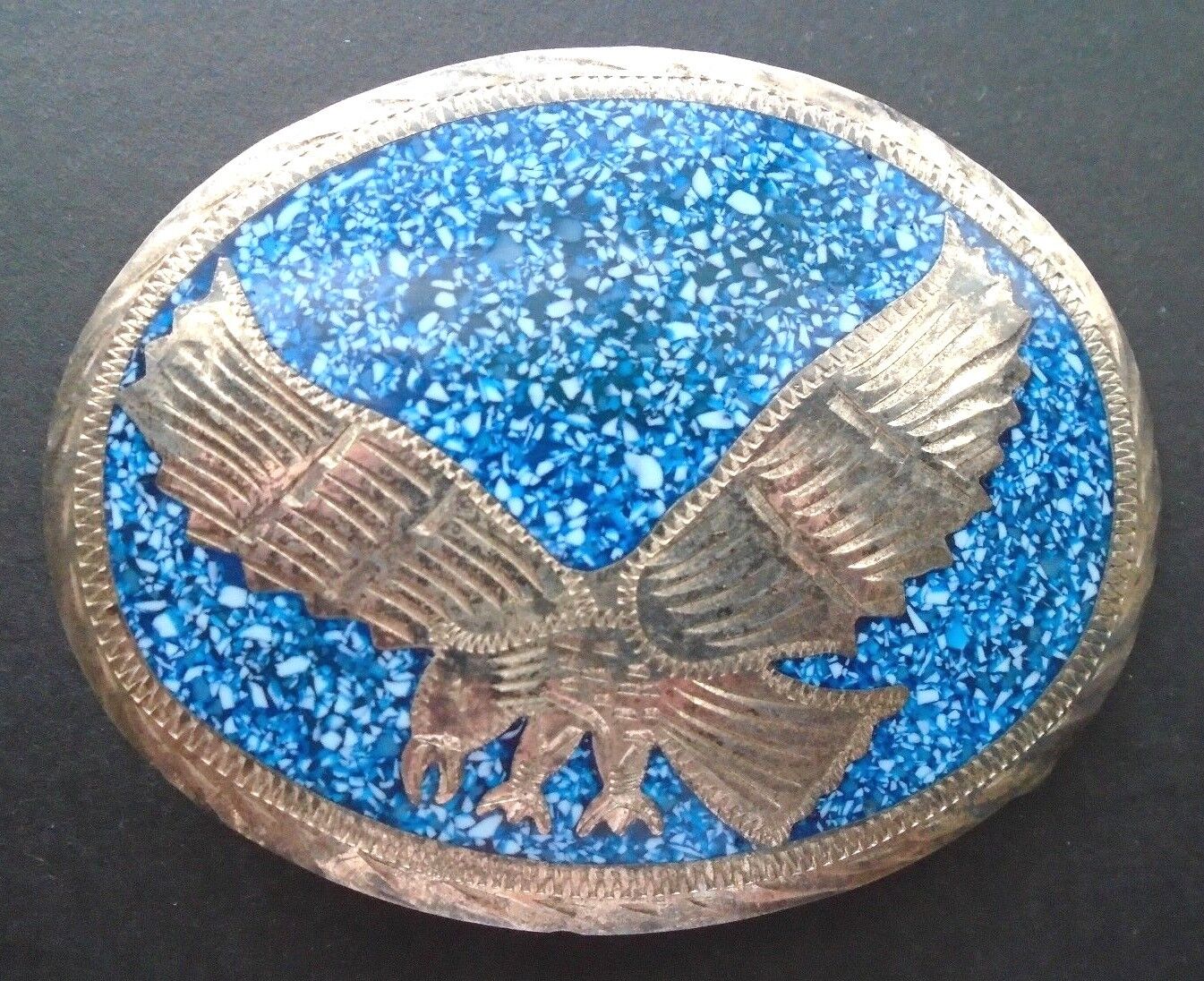 Vintage Western Alpaca Mexico Silver Eagle Blue Background Oval Belt Buckle