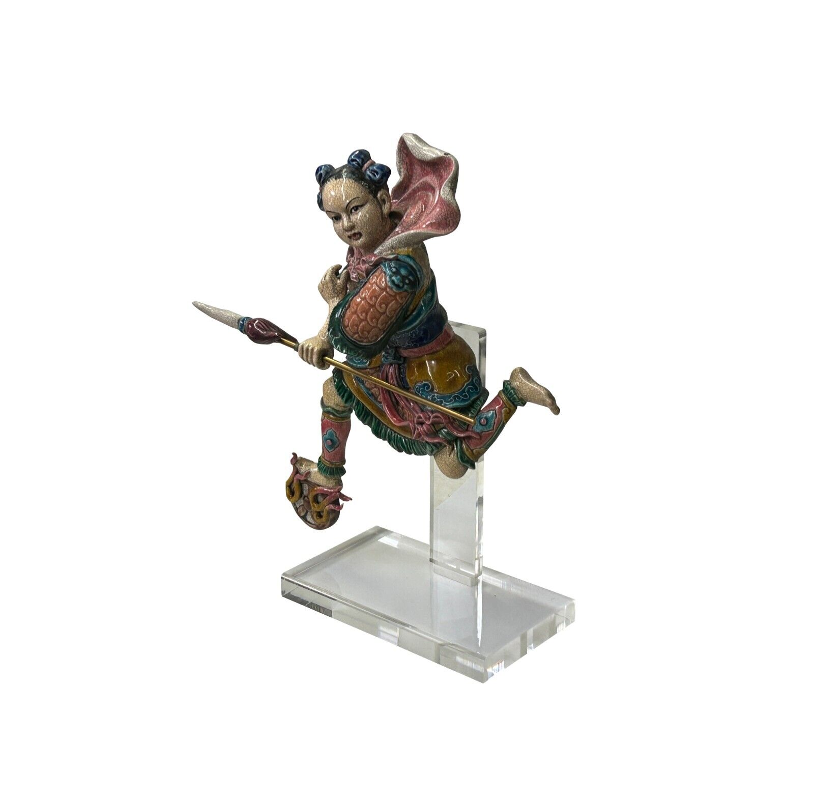 Chinese Vintage Color Ceramic NeZha Riding Fire Wheel Figure Display Art ws3982