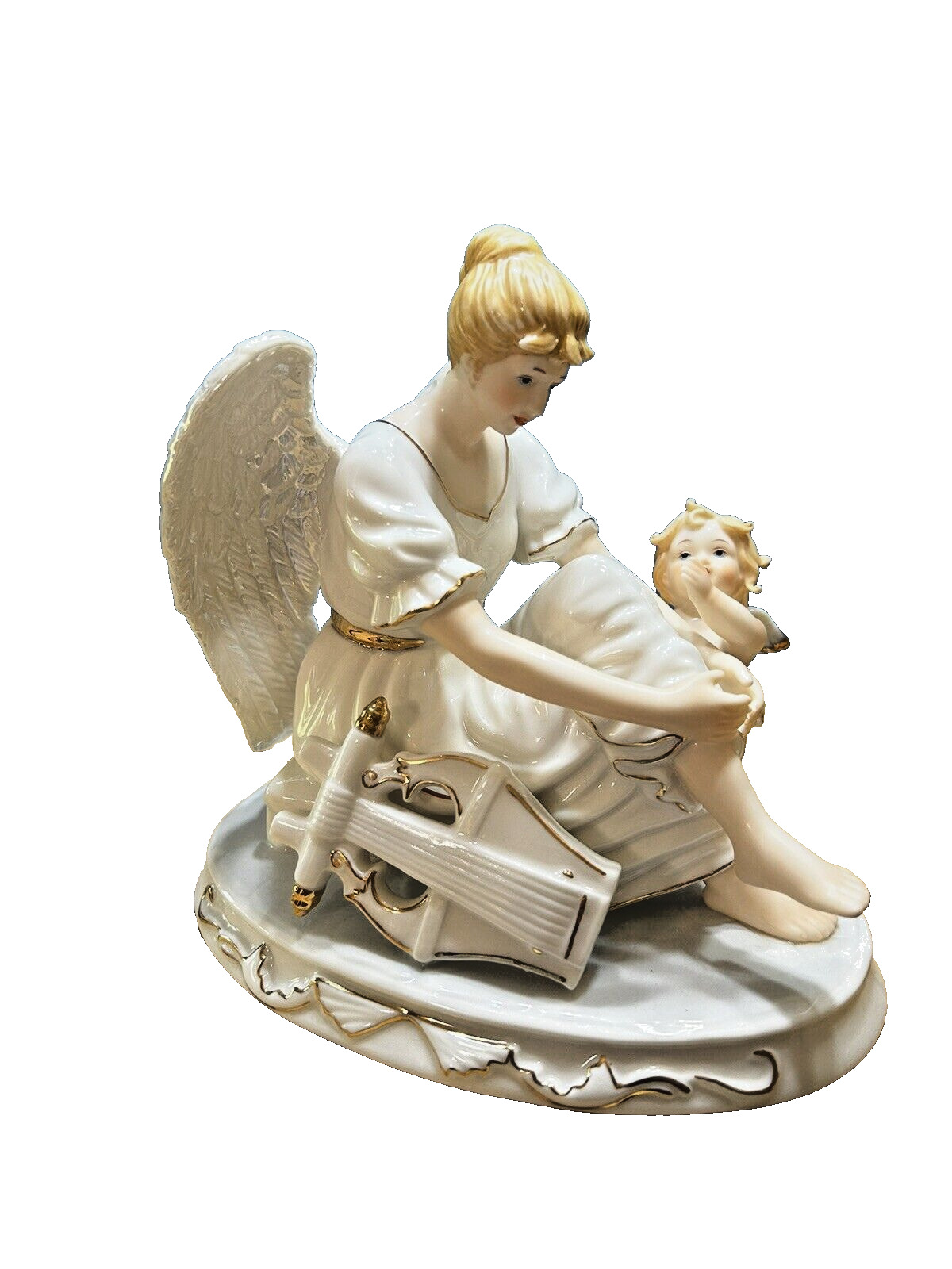 Mark O'Well ~ Vintage Porcelain Angel ~ With Harp and Cherub