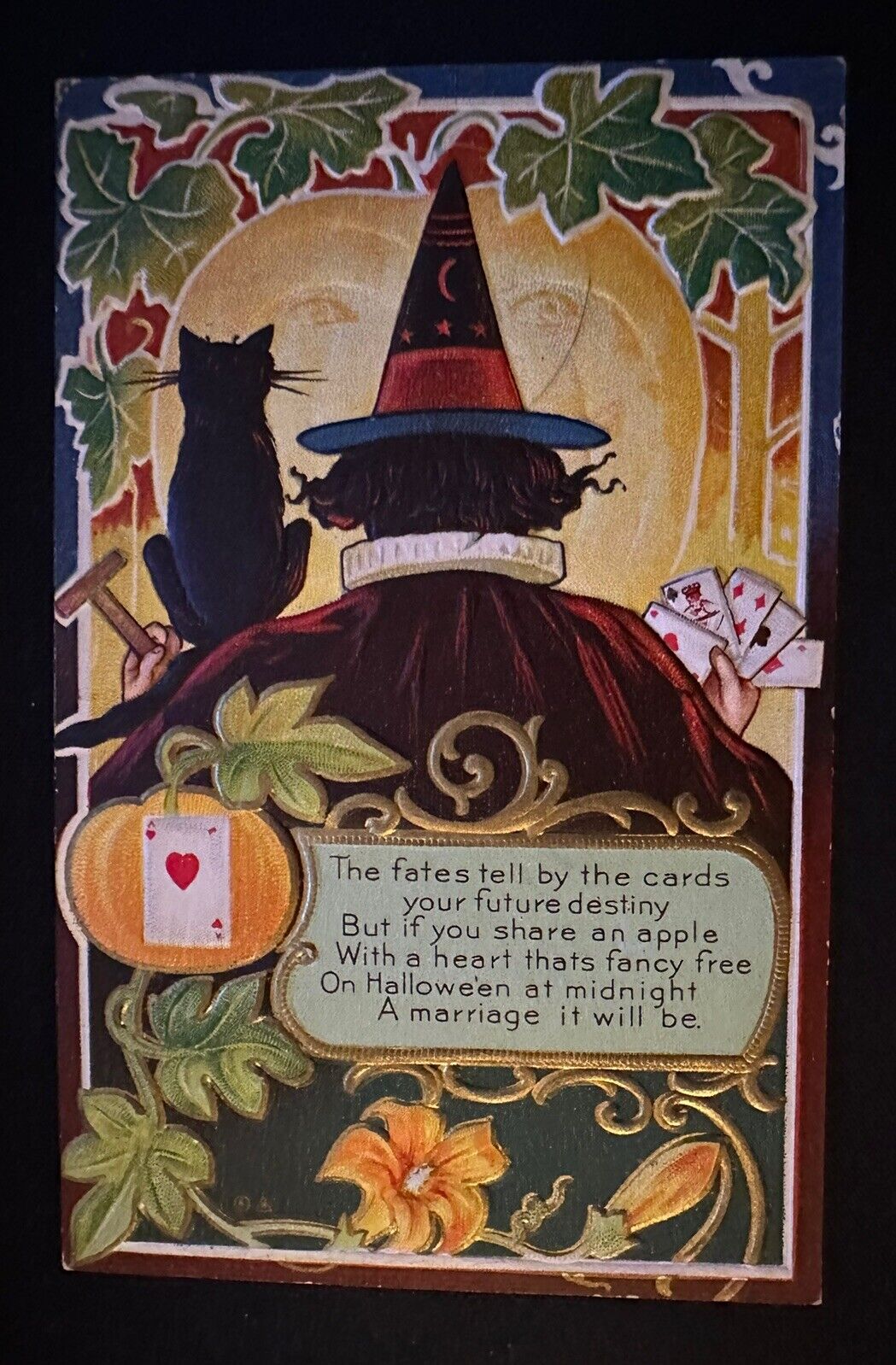 Witch with Playing Cards~Fate~Fortune ~Cat~ Jol~Antique Halloween Postcard~k616