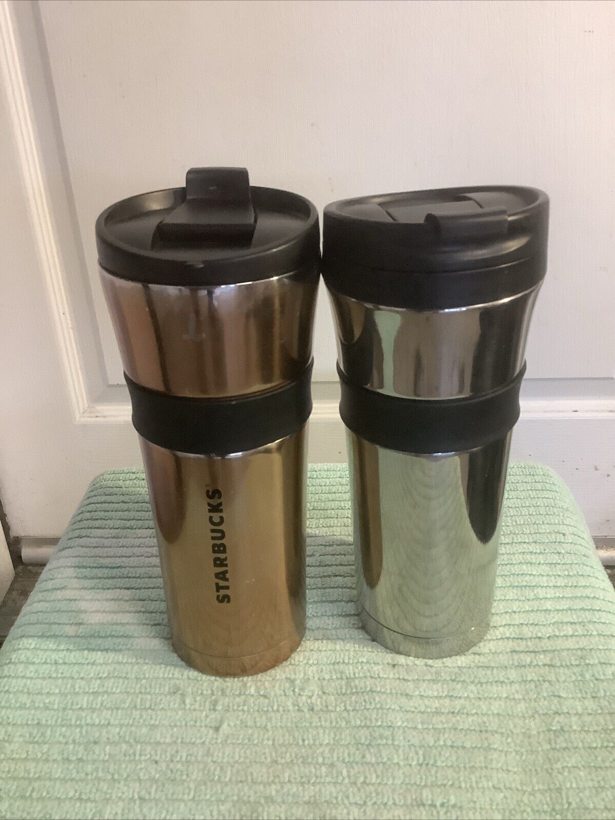 Lot of 2 Starbucks Chrome/Copper Stainless Steel Tumblers W/Rubber Grips 2016