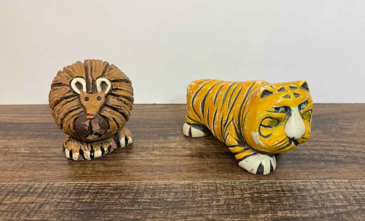 Vintage Artesania Rinconada Tiger & Lion Figurines Uruguay Ceramic Jungle Folk
