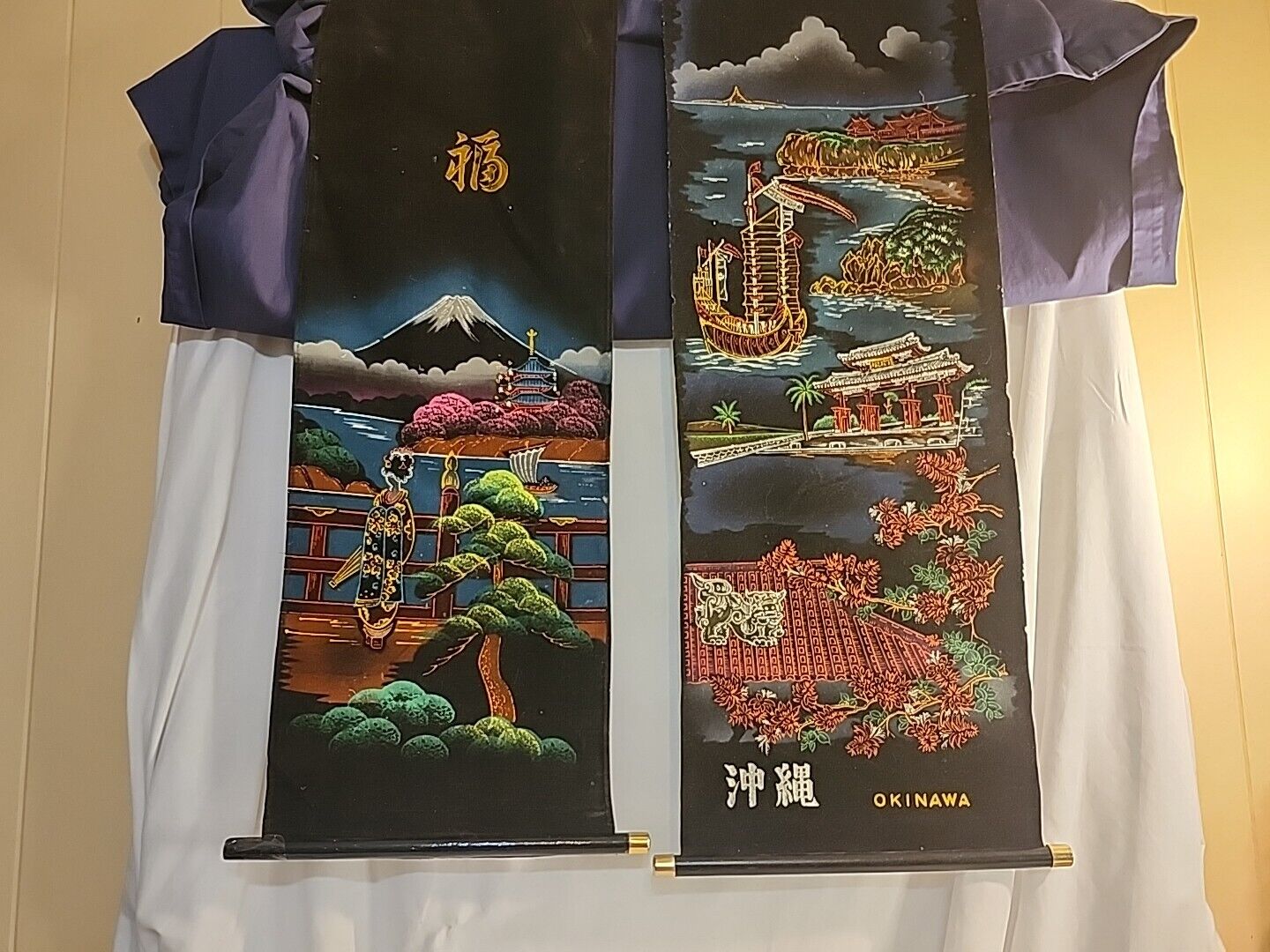Vintage Asian Wall Hanging Tapestries, Okinawa & Blessings