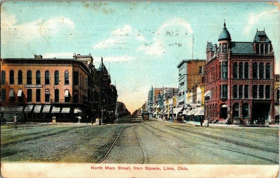 1909. NORTH MAIN ST. FROM SQUARE. LIMA, OH. POSTCARD FF6