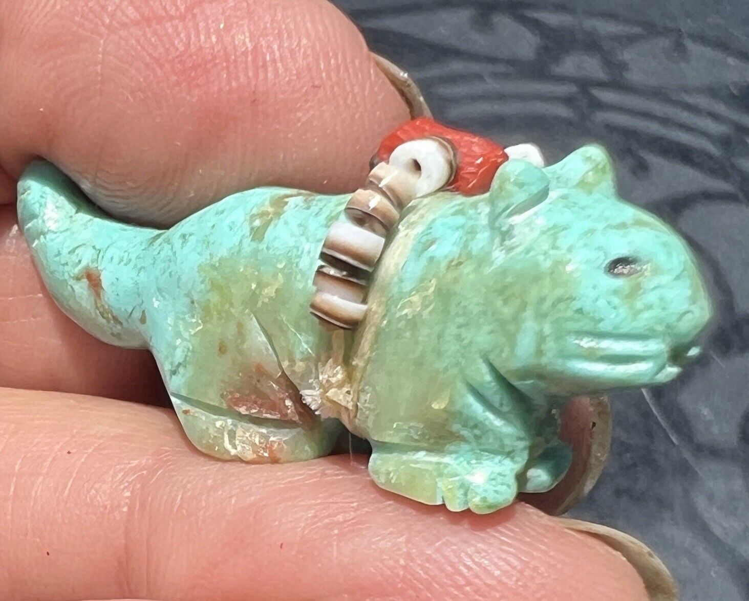 Vtg Zuni Hand Carved Turquoise Fetish Cat w/ Beads - Annette Tsikewa