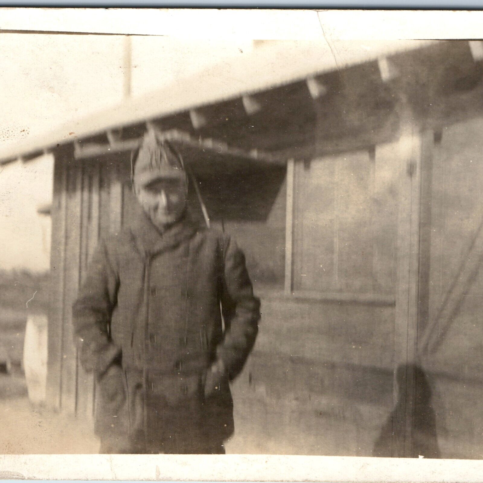 c1910s WWI Outdoor Man RPPC Army Base Baseball Cap Winter Coat Real Photo A255