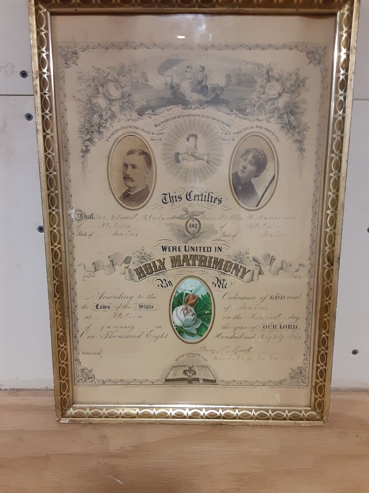 1886 Framed Marriage Certificate Freeland, Laurence Stetson,Maine