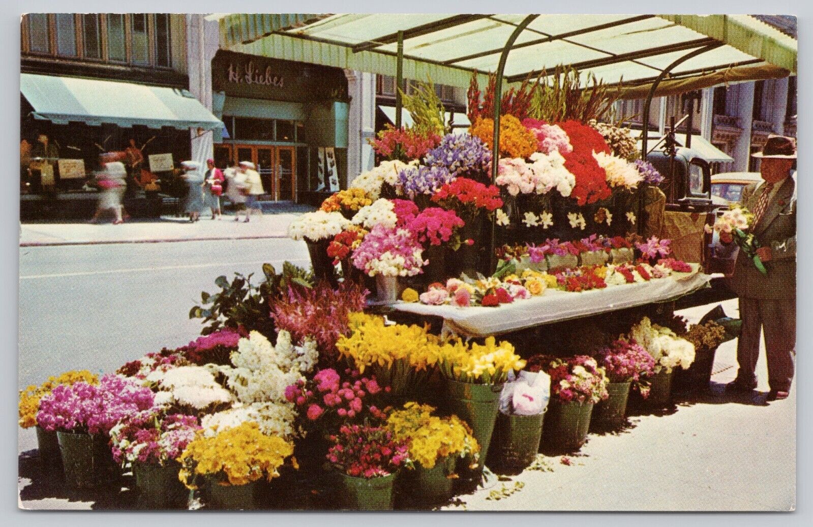 San Francisco California, Sidewalk Flower Stands, Vintage Postcard