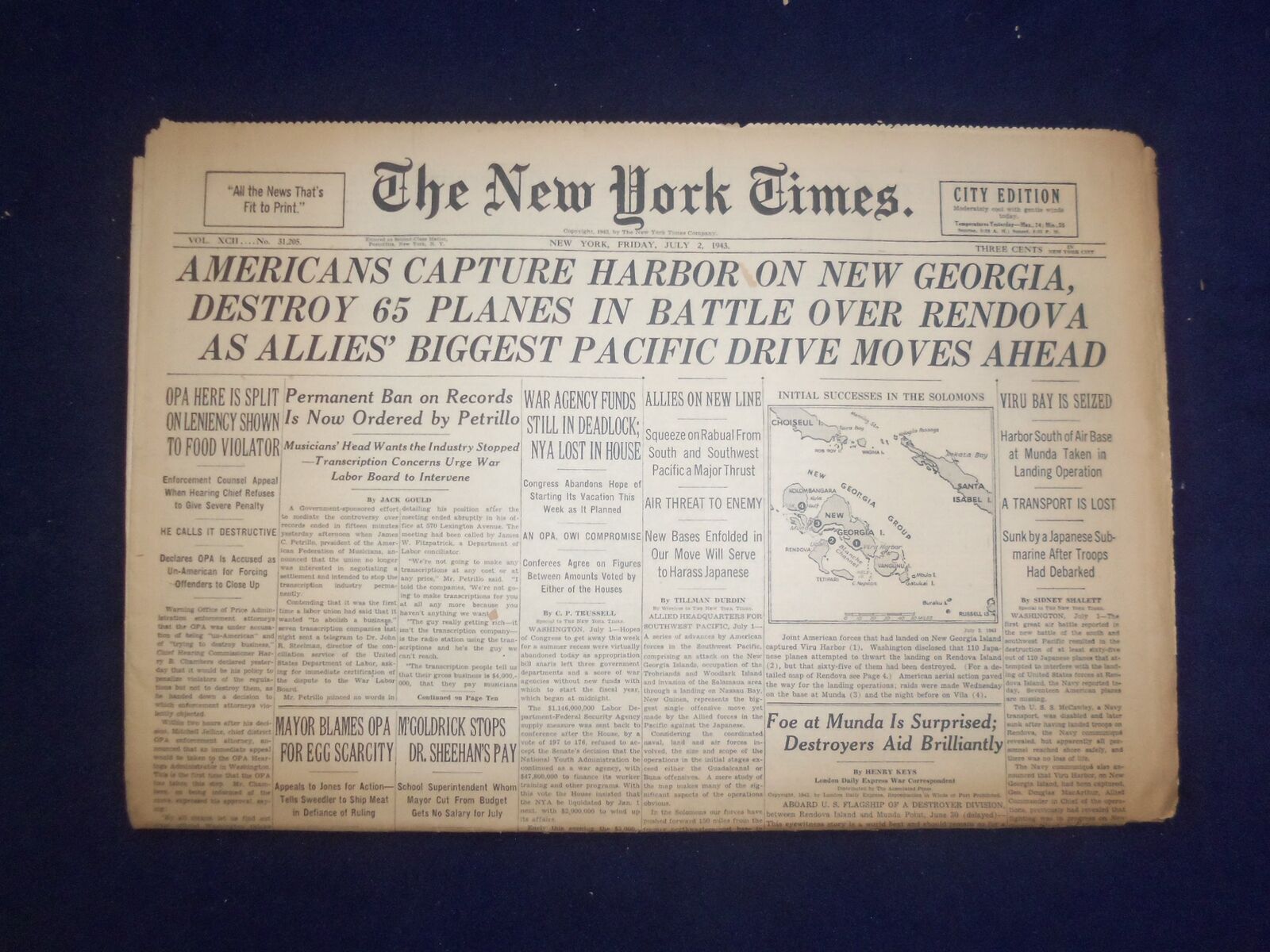 1943 JULY 2 NEW YORK TIMES - AMERICANS CAPTURE HARBOR ON NEW GEORGIA - NP 6541
