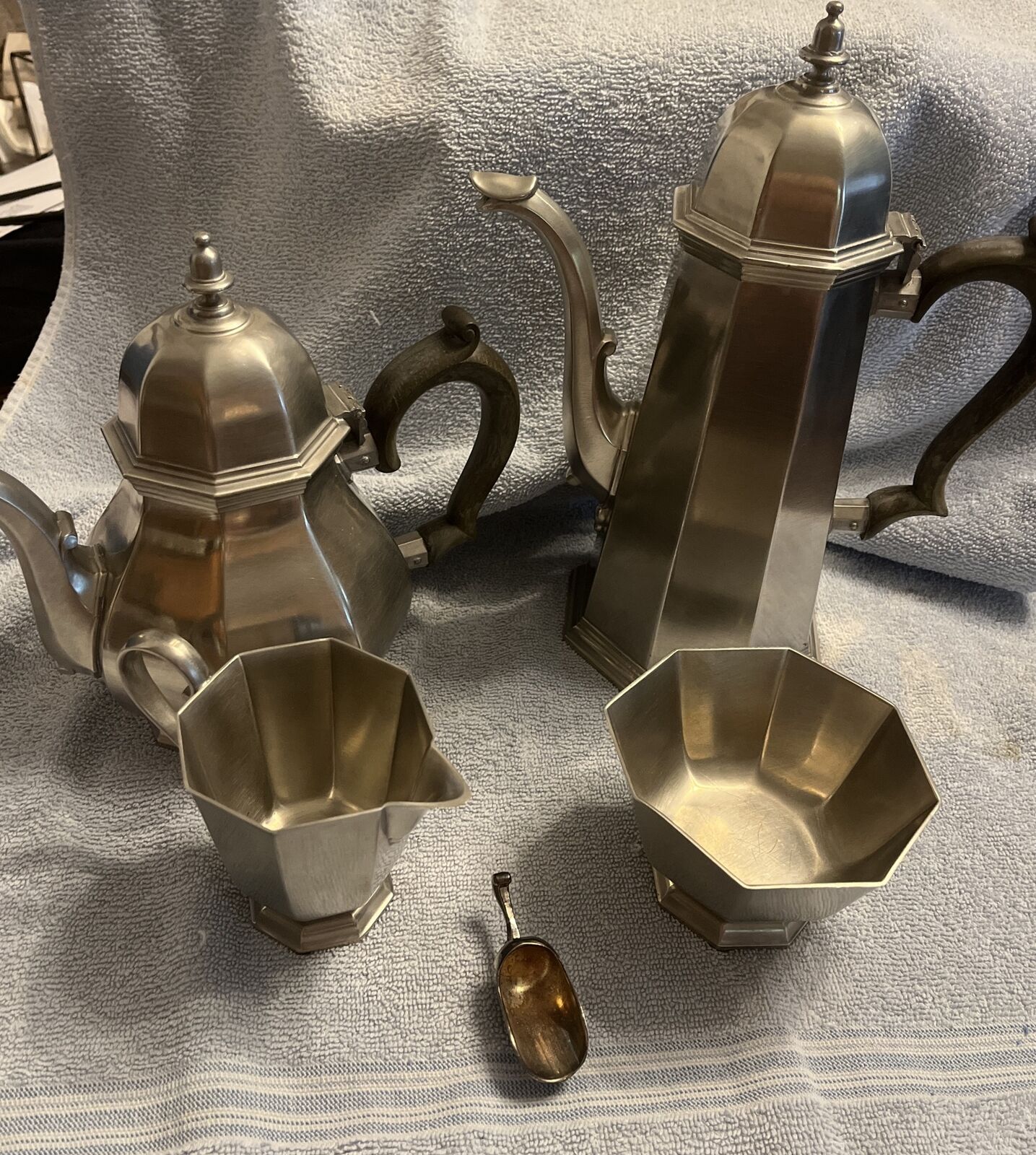 Vintage Gotham Pewter Tea Set W/ Creamer & Sugar Bowl/Small Sugar Scoop