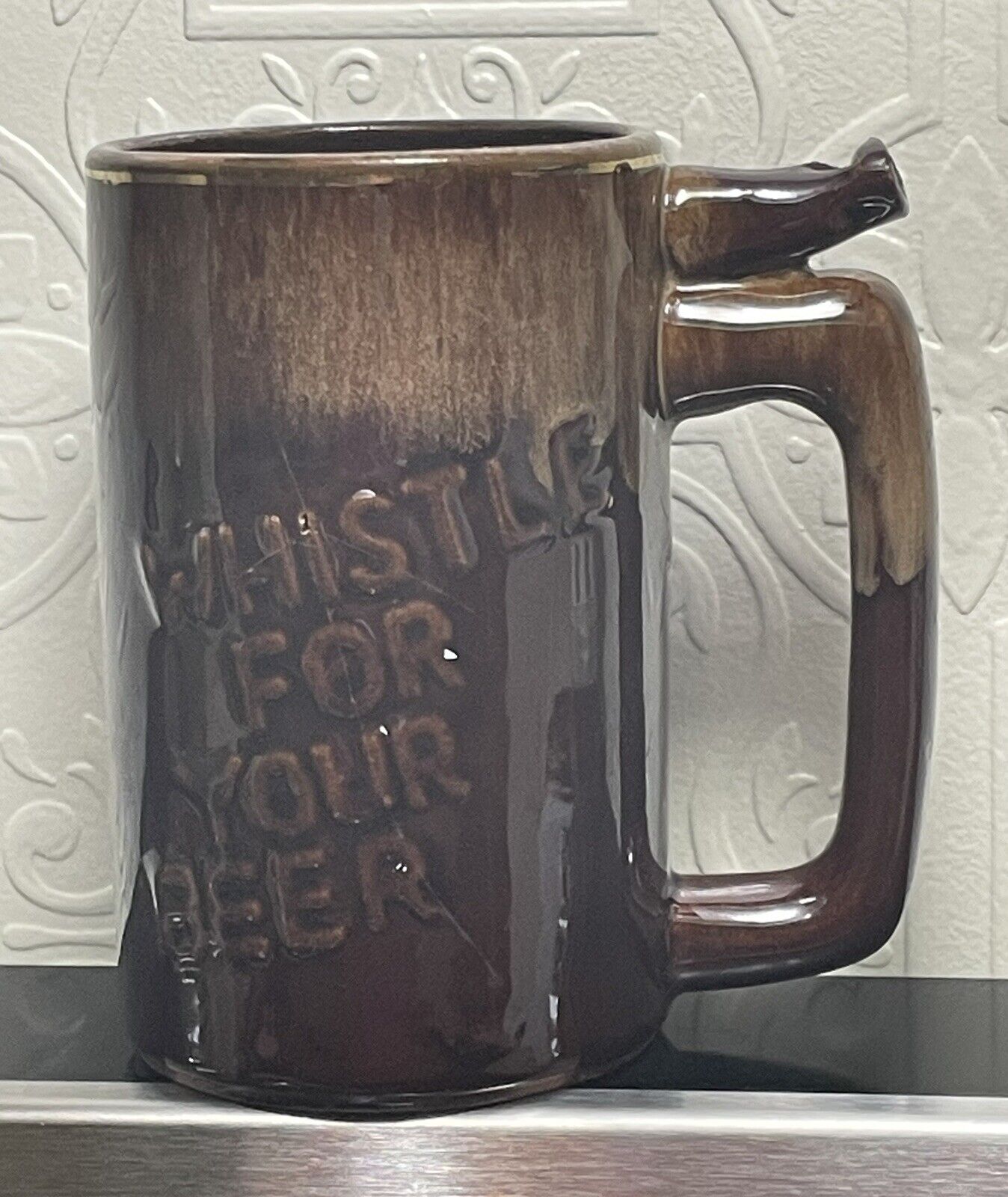 Vintage 1970s Wet Your Whistle Whistle For Your Beer Brown Ceramic Mug Cup Glaze