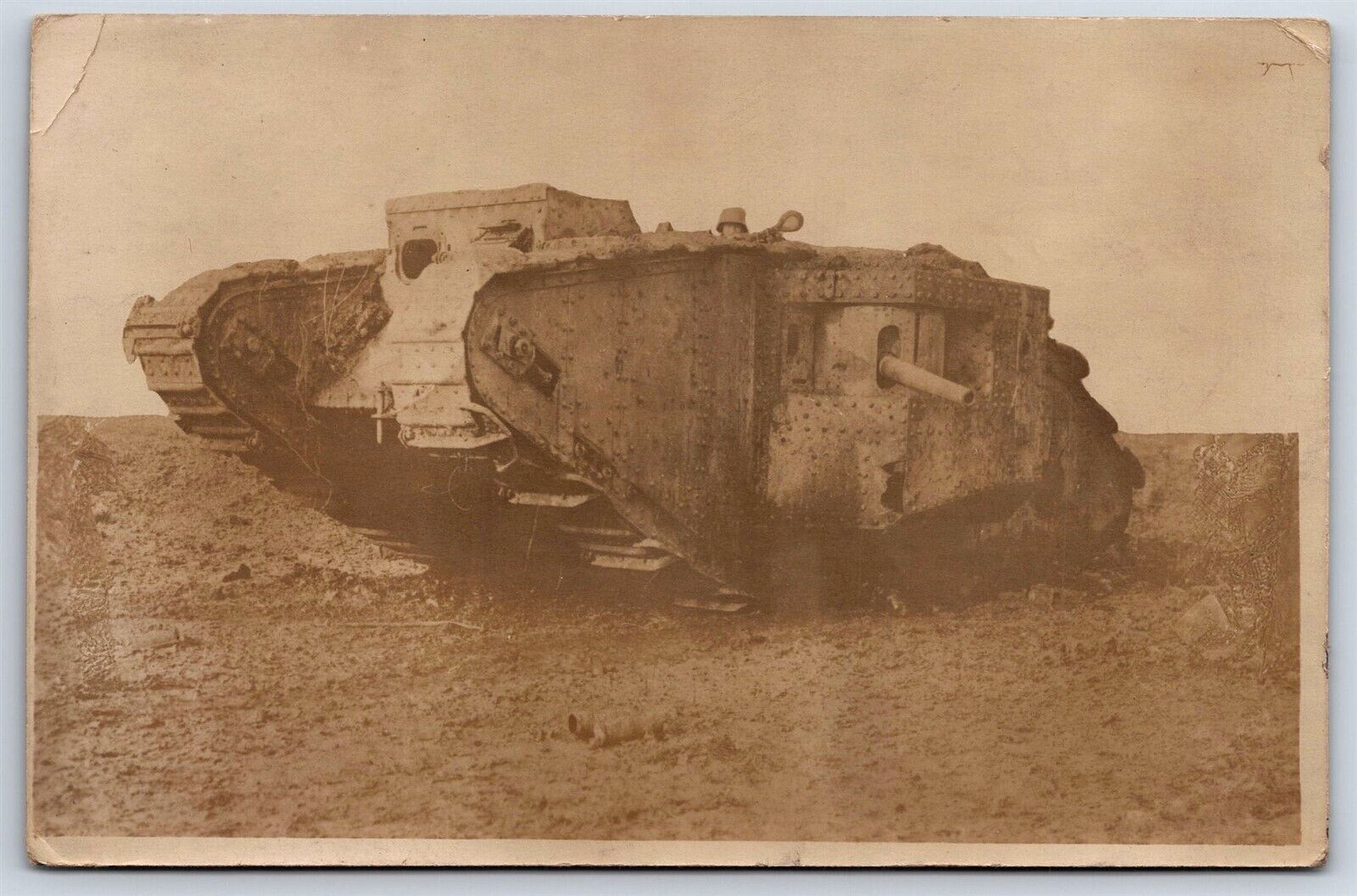 RPPC WWI Postcard Captured British Mark IV Tank German Soldier 1918 Feldpost AP1