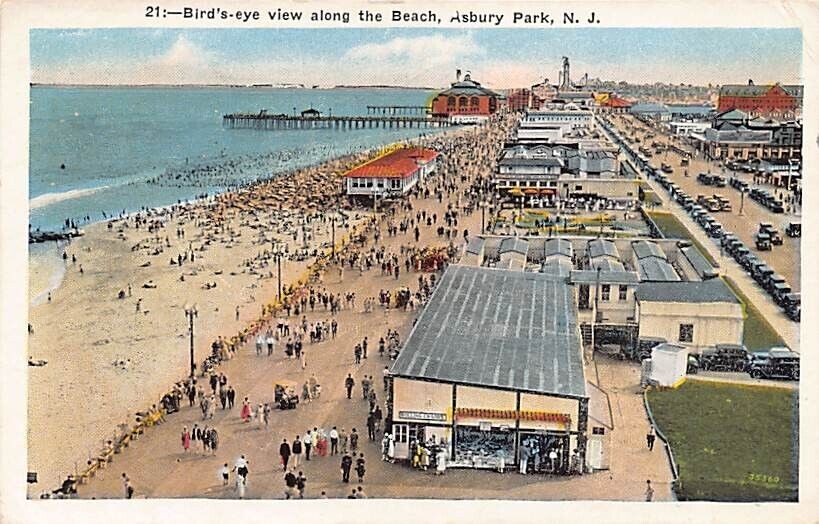 Postcard NJ: Bird\'s Eye View, Beach, Asbury Park, New Jersey, Antique WB c1934
