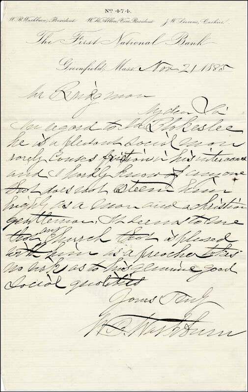 WILLIAM B. WASHBURN - AUTOGRAPH LETTER SIGNED 11/21/1885