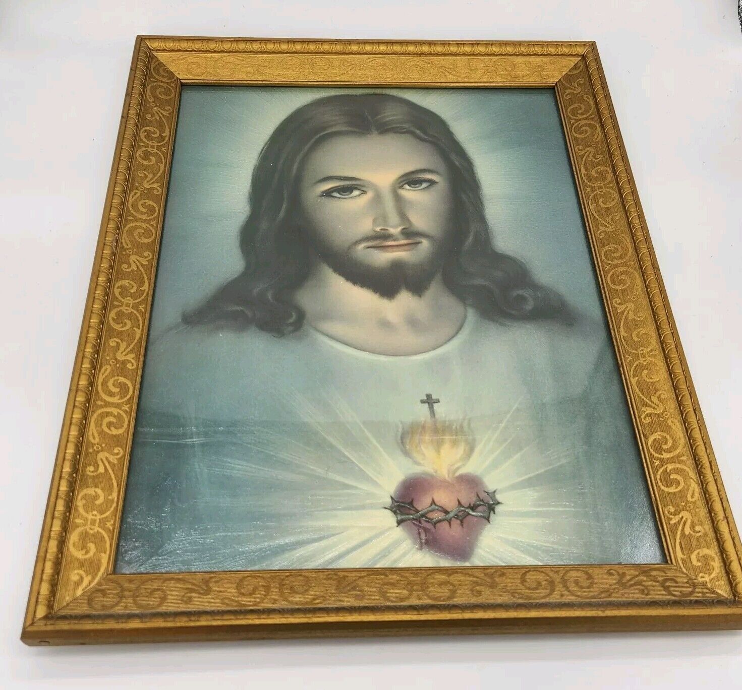 Vintage 60’s Sacred Heart of Jesus Christ Framed Lithograph Print Christian Art