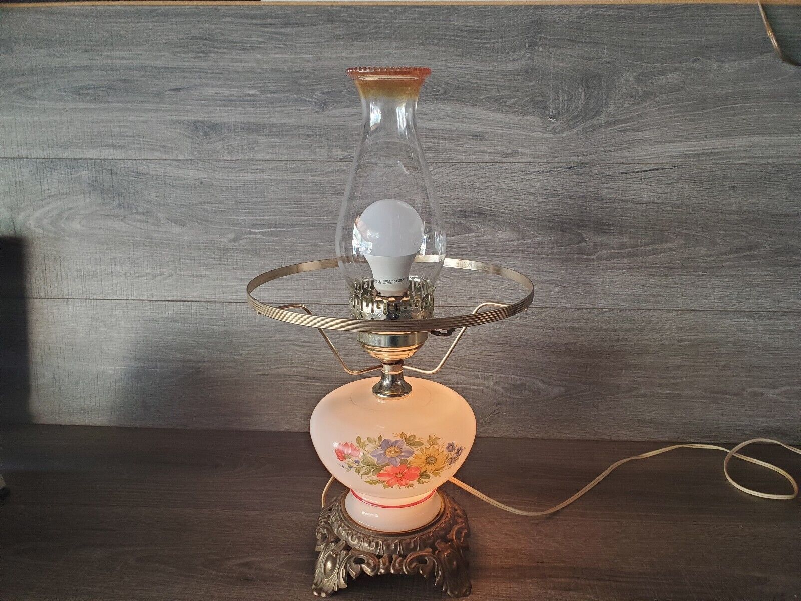 Vintage Hurricane Lamp Electric Floral Design 