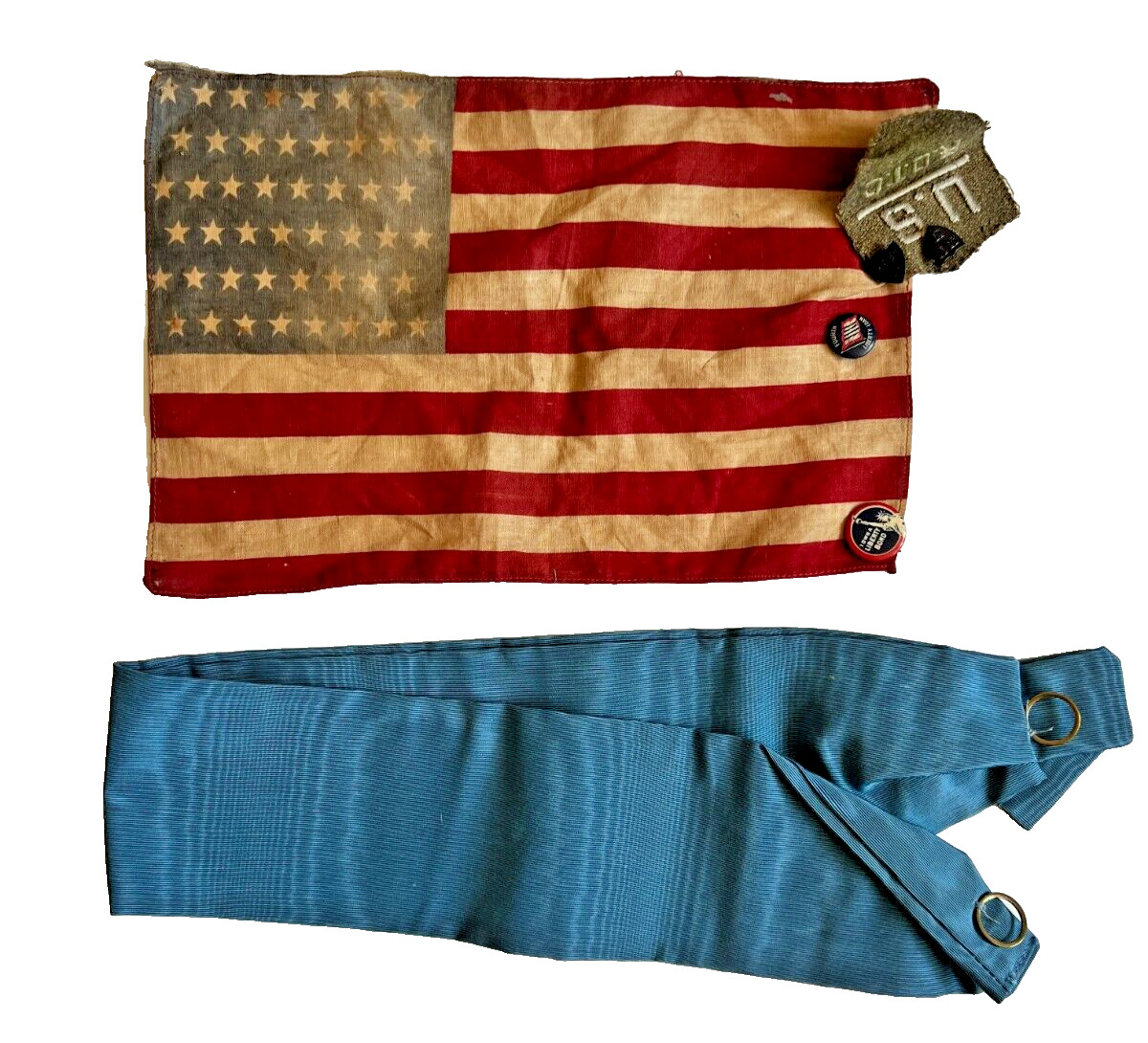 Antique Original 48 Star Flag Circa 1918 w/ROTC Patch, Pins and Blue Sash