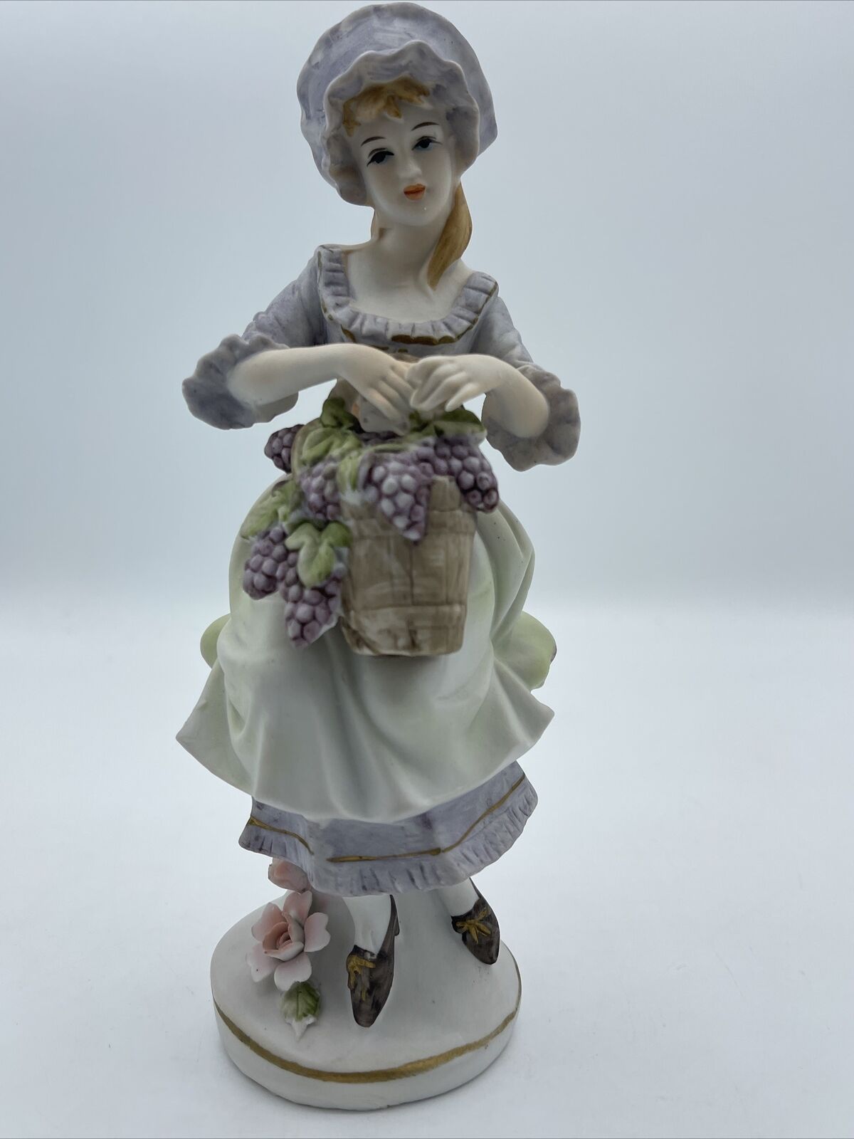 Rare Vtg Woman Victorian Figurine Holding Basket Of Grapes