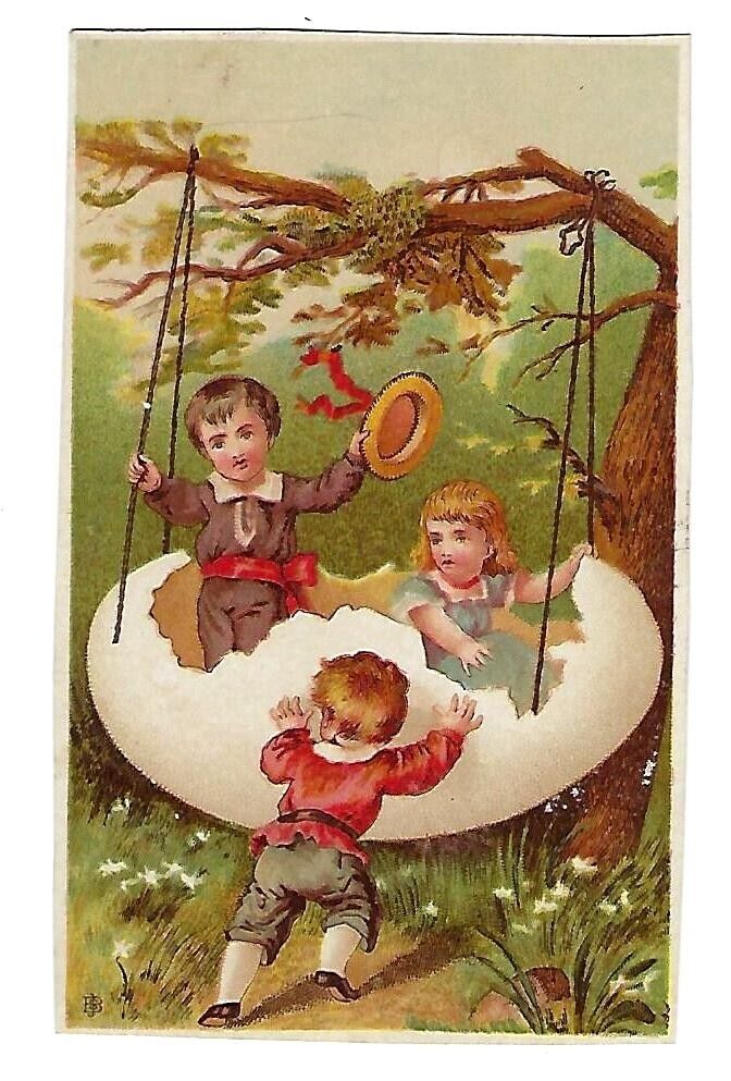 c1890\'s Victorian Stock Trade Card Children Swinging on an Egg