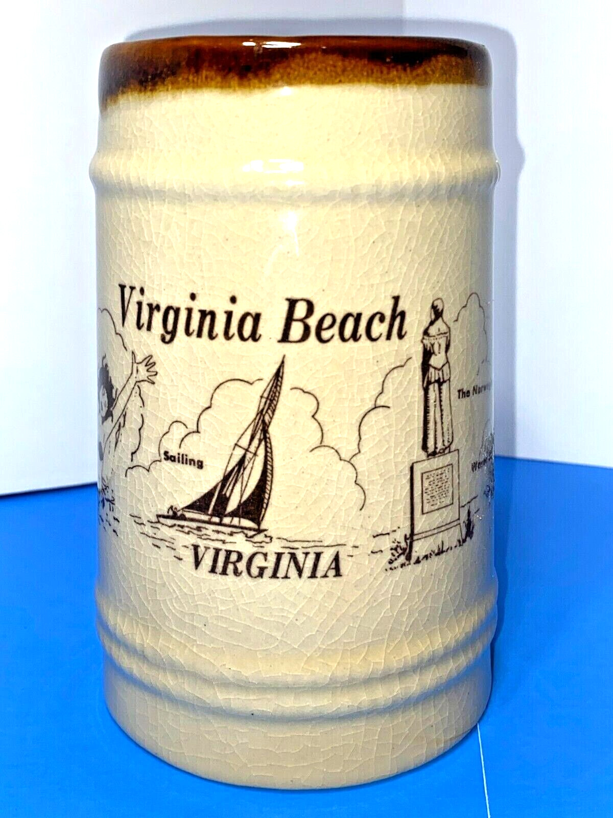 NANCO Vintage Ceramic Virginia Beach Stein Mug Old Cape Henry Lighthouse Sail 6\
