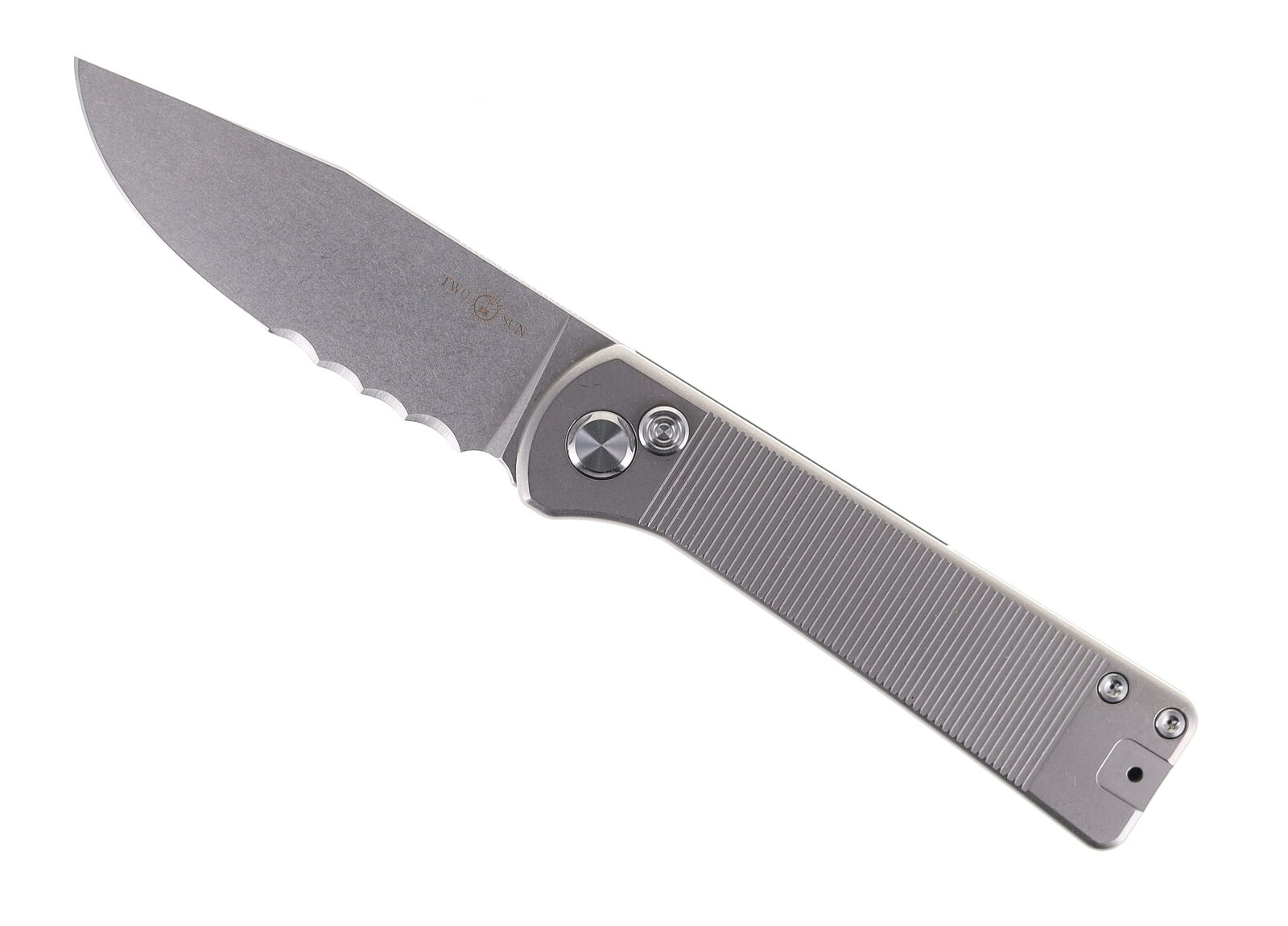 Two Sun Button Lock Pocket Knife Titanium Handle D2 Part Serrated Edge TS358-SER