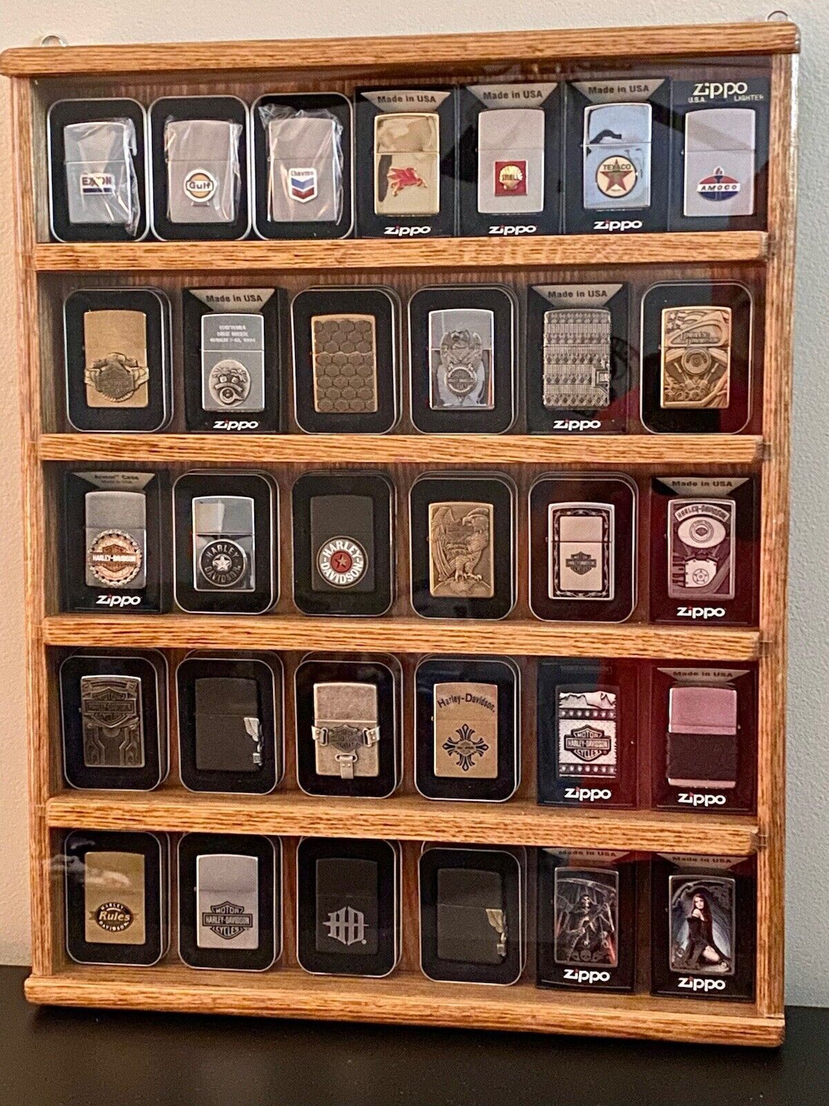 solid oak zippo lighter display case for them  in there package tins