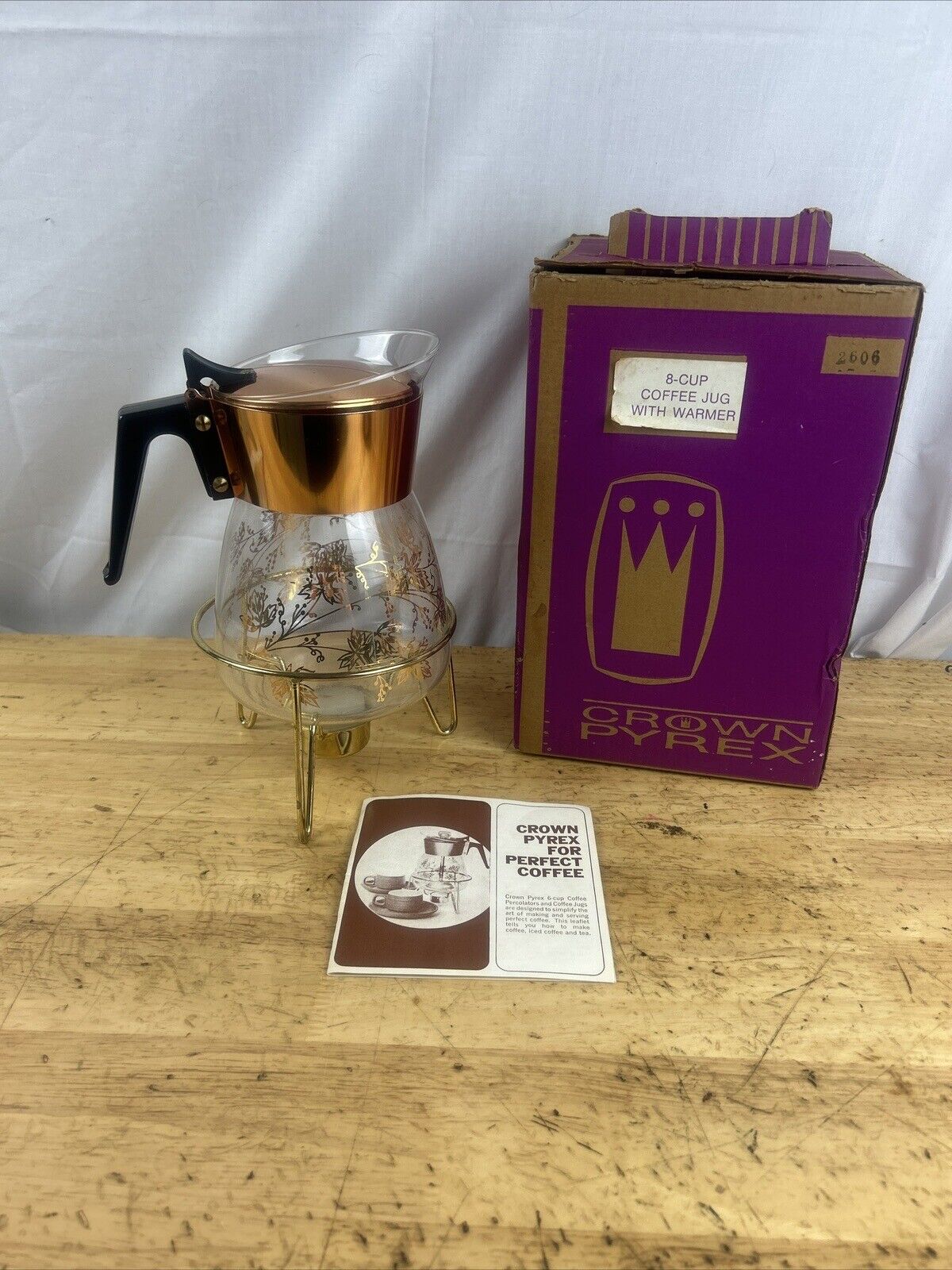Vintage Crown Pyrex Jug Coffee Warmer 8 Cup Gold Trim New Old Stock