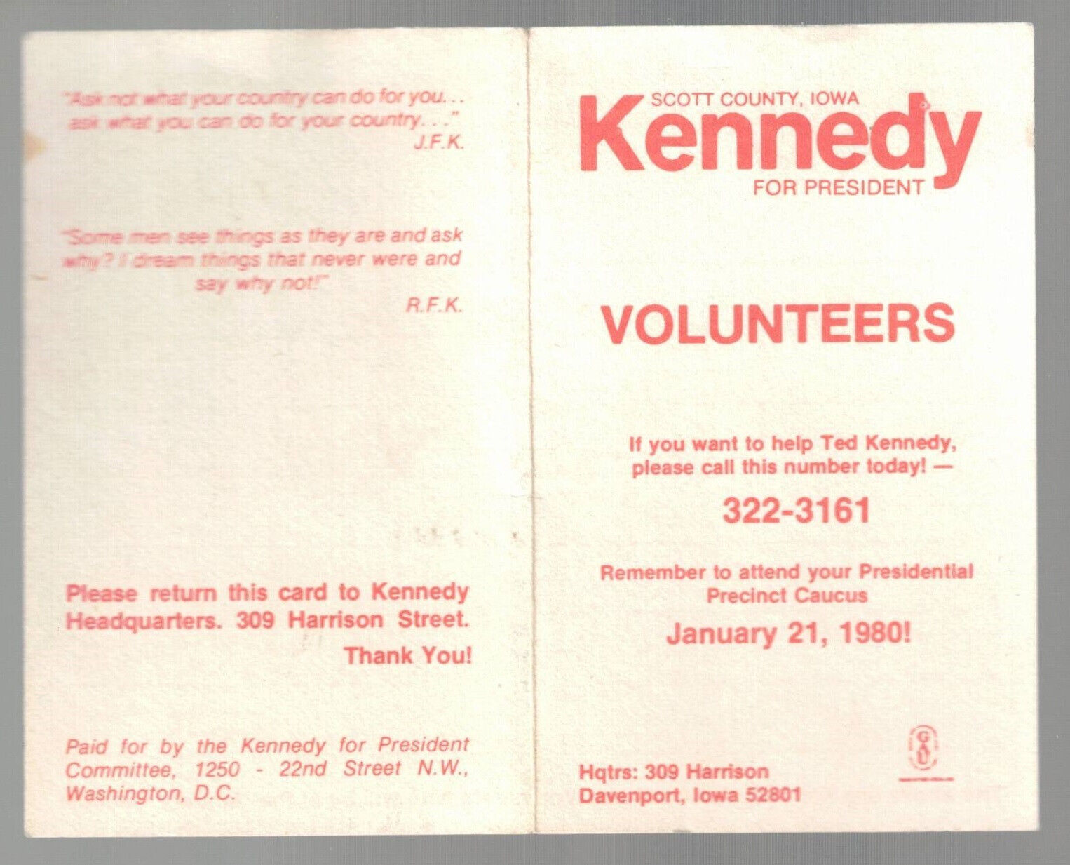1980 Iowa Caucus Scott County Ted Kennedy Presidential Campaign Volunteers