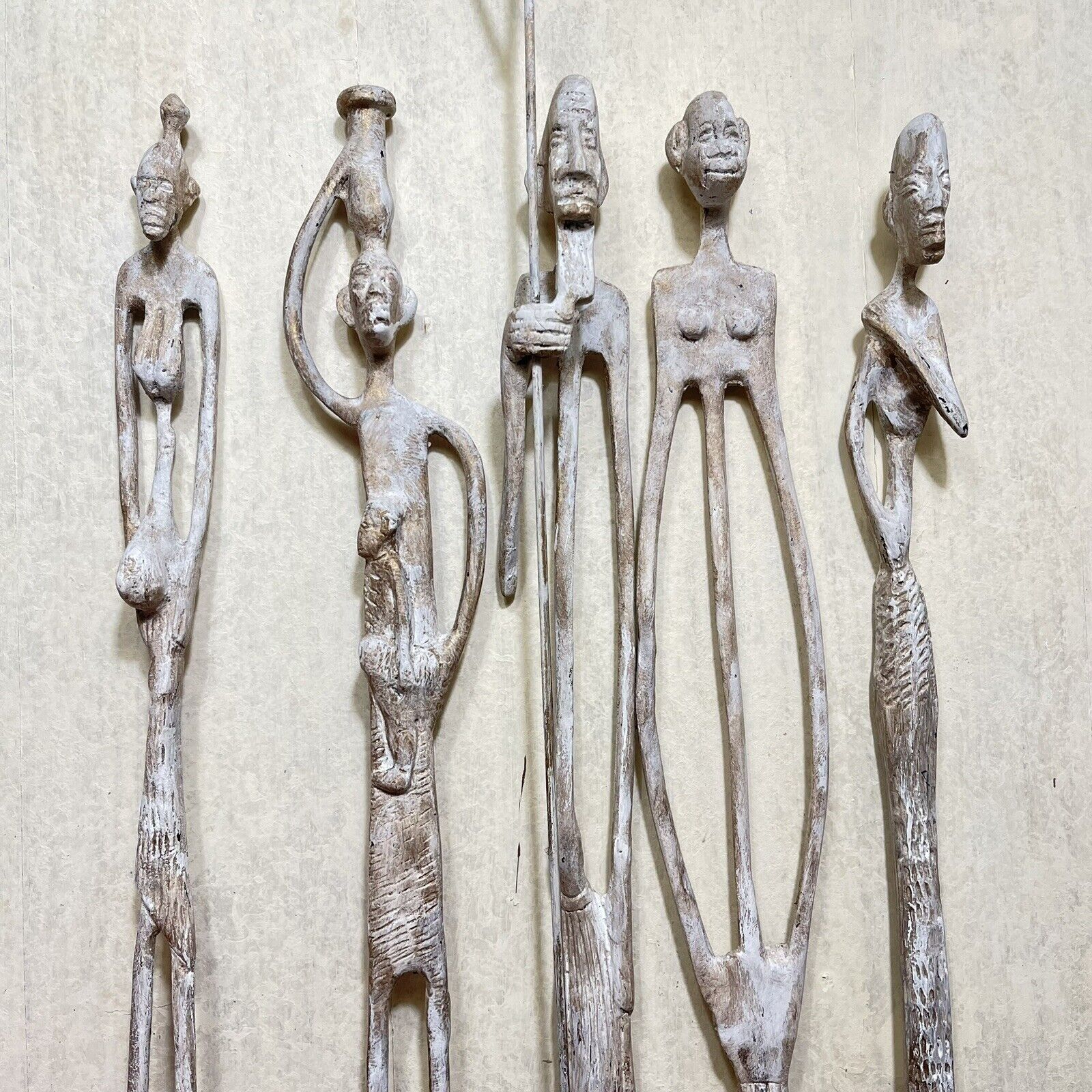 Elongated African Tribal Bronze Statues Set of 4 Hand-antiqued White Patina RARE
