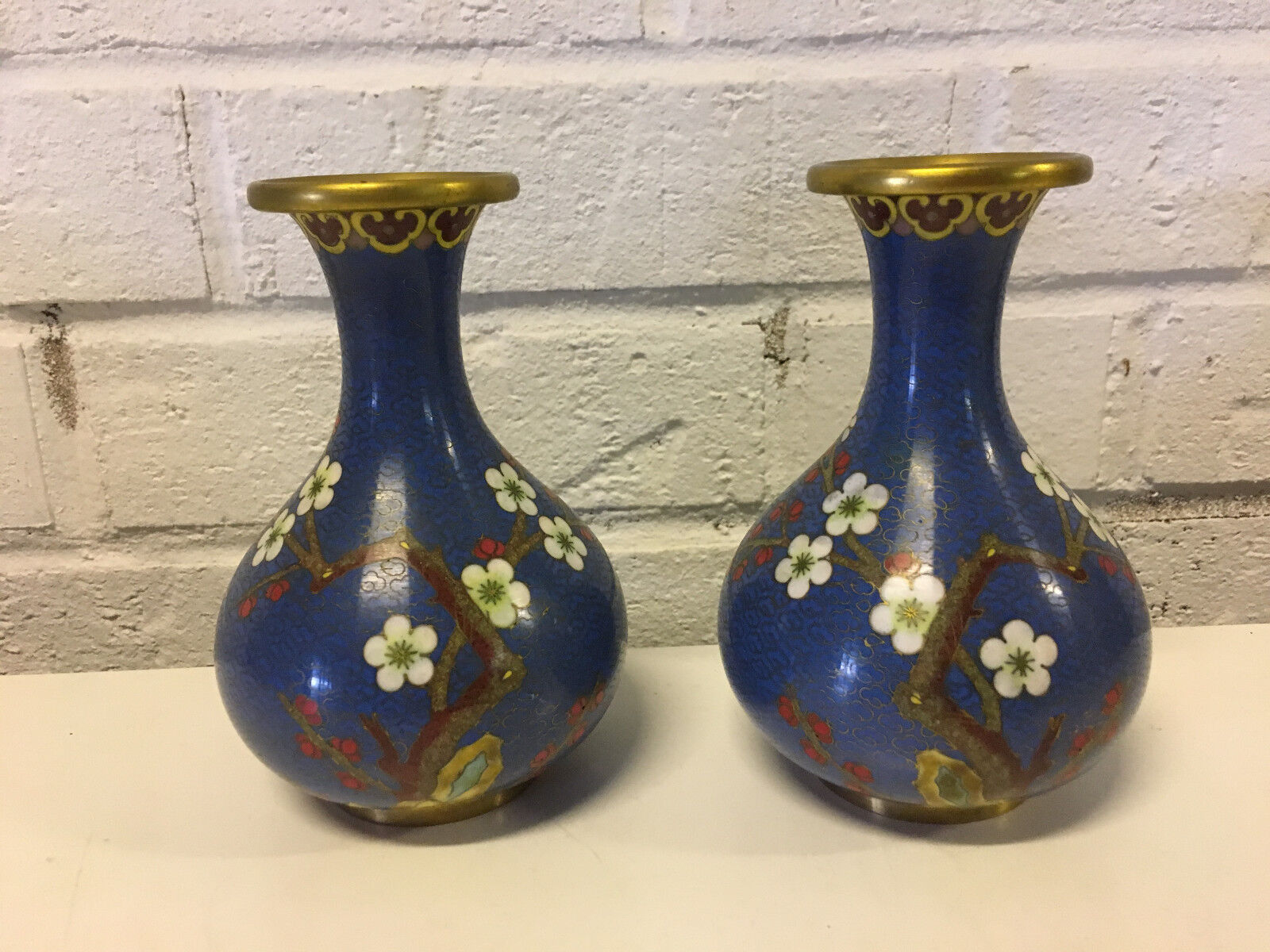 Vintage Chinese Pair Small Miniature Bottle Form Cloisonne Vases Cherry Blossoms