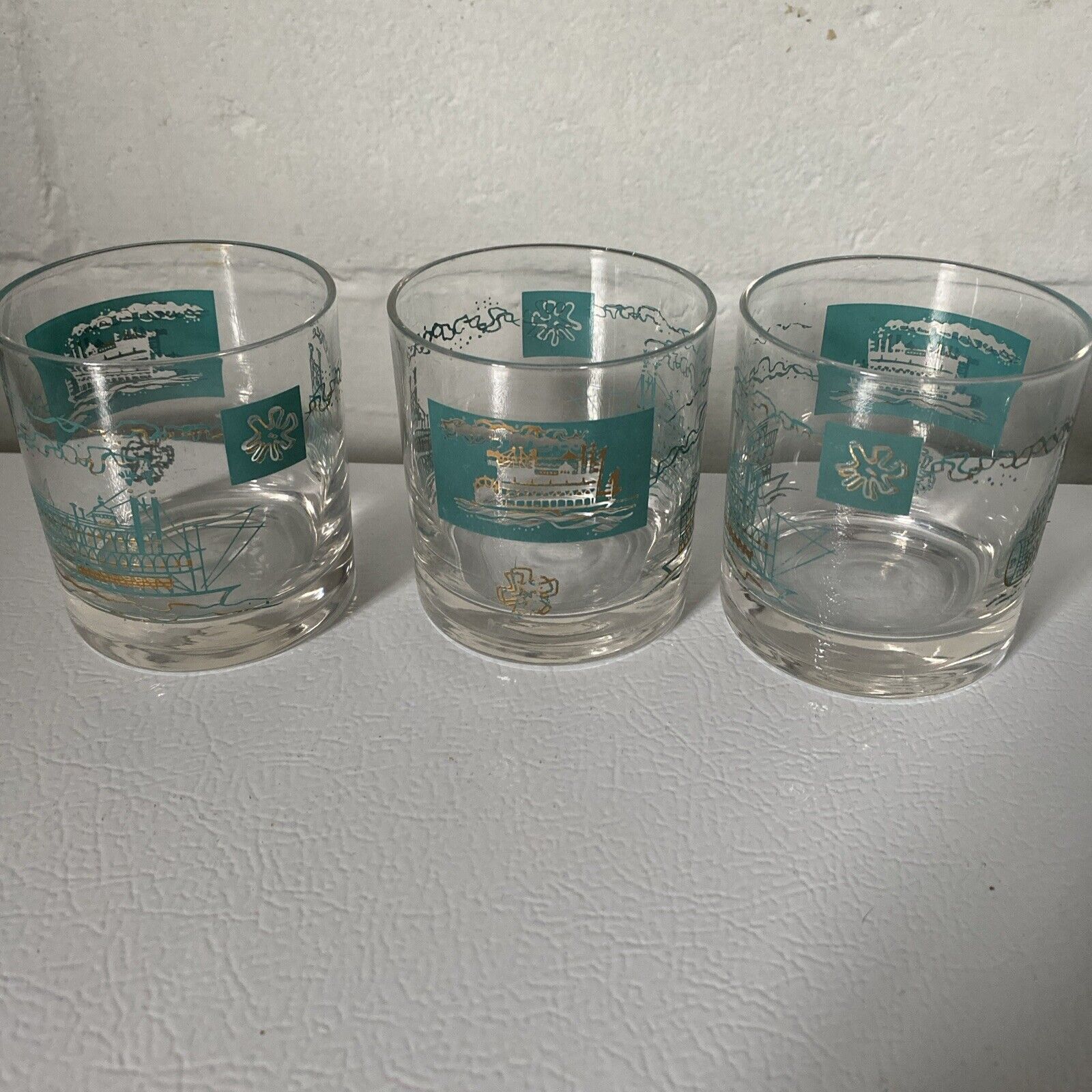 Vintage Mid Century MCM Steamboat Paddle Boat Cocktail Glasses So Co