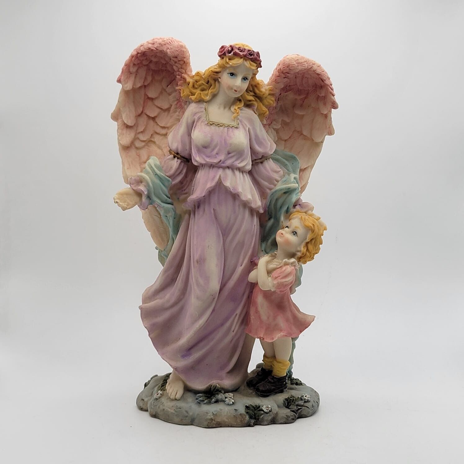 Ceramic Angel W/Child Purple Dress Pink Wings Loose Pieces Inside 7\