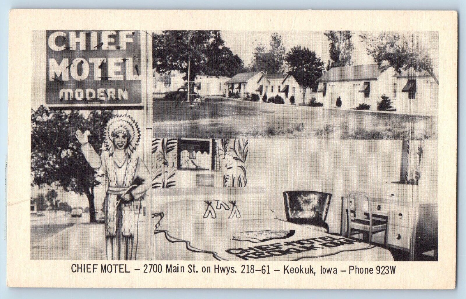 Keokuk Iowa Postcard Chief Motel Main St. Highways Exterior 1940 Vintage Antique