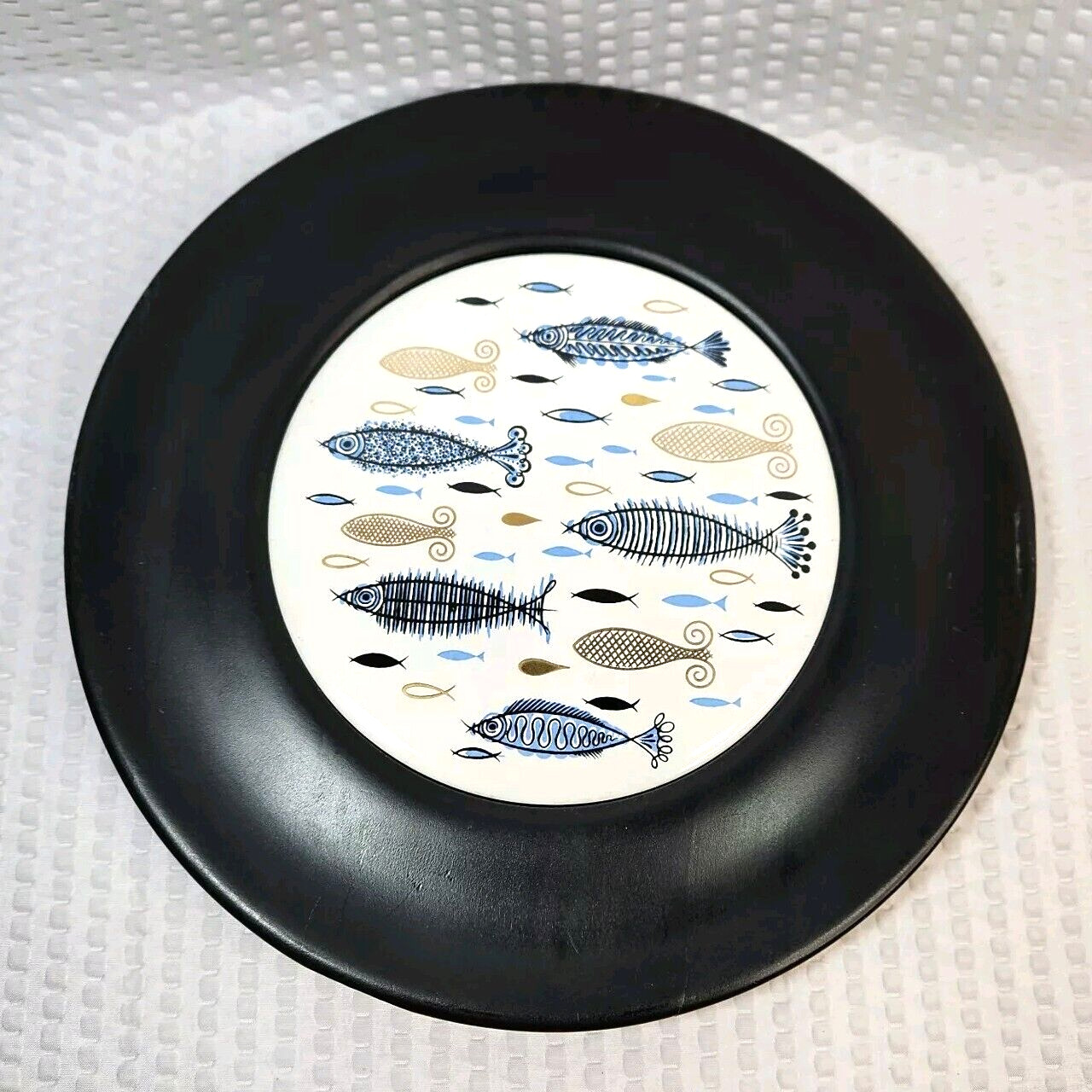 Vintage Mid Century Decorative Fish Wall Tile Plaque Blue Gold Black