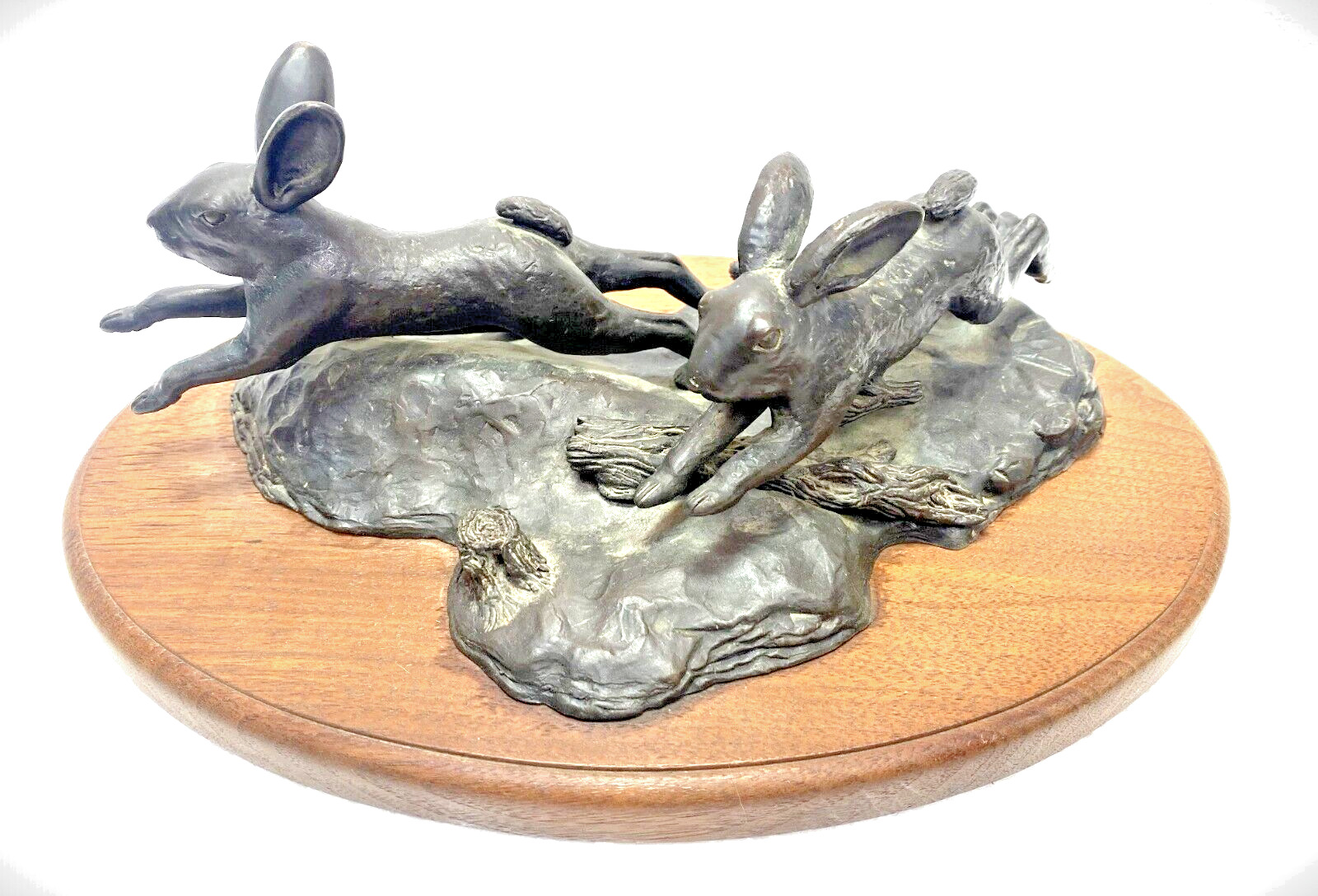 Vintage Bronze Bunnies CASE 83 Running Hares Rabbits Sculpture 12.5x9\
