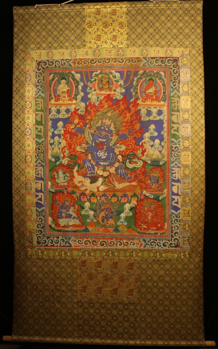 Real Large Tibet Vintage Old Buddhist Hand Painted Thangka Six-armed Mahakala